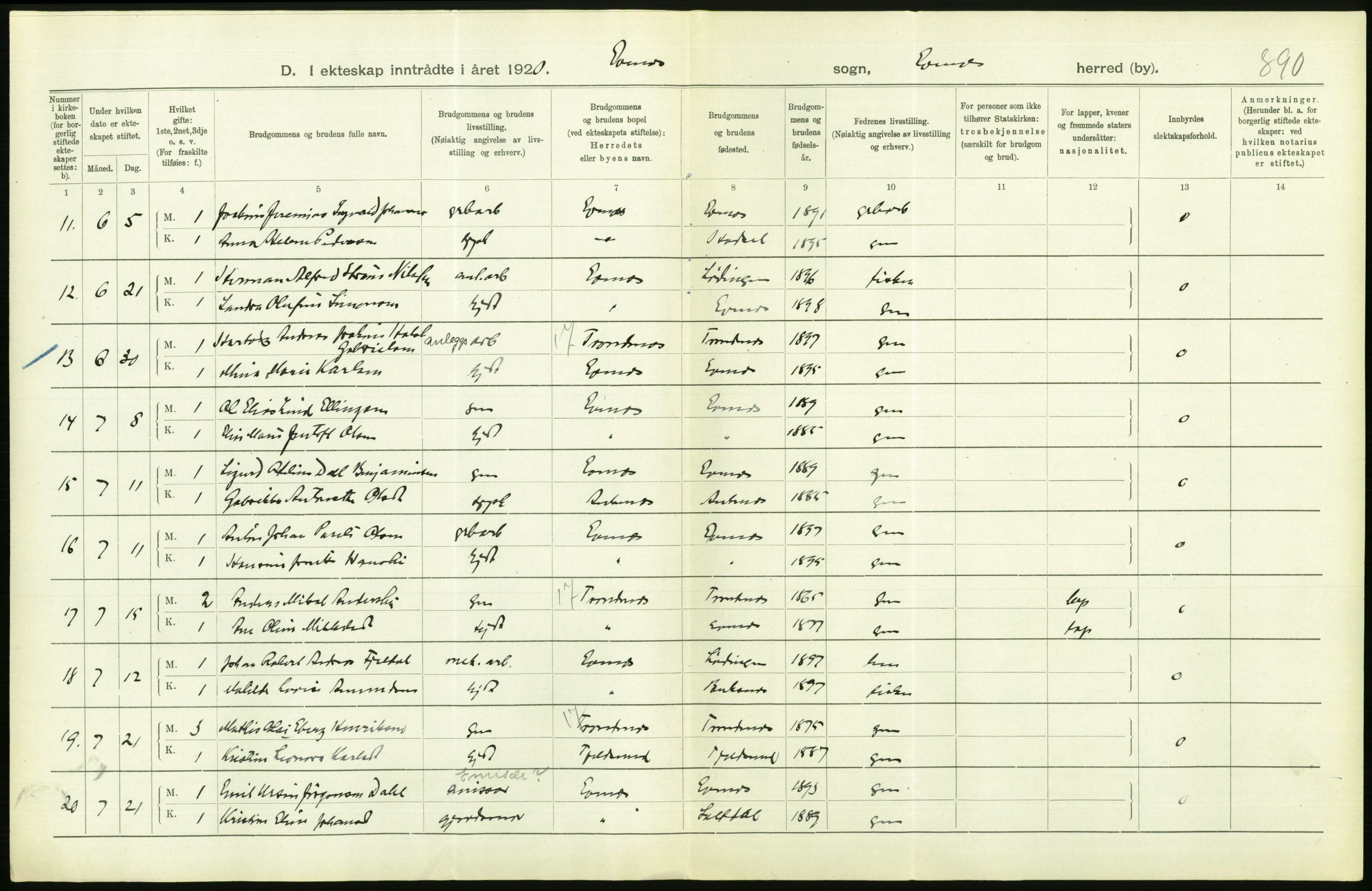 Statistisk sentralbyrå, Sosiodemografiske emner, Befolkning, AV/RA-S-2228/D/Df/Dfb/Dfbj/L0057: Nordland fylke: Gifte, dødfødte. Bygder og byer., 1920, p. 206