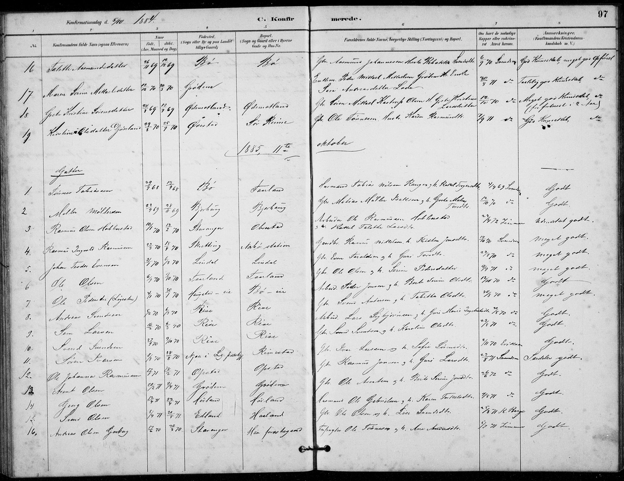 Hå sokneprestkontor, AV/SAST-A-101801/001/30BB/L0003: Parish register (copy) no. B 3, 1883-1894, p. 97