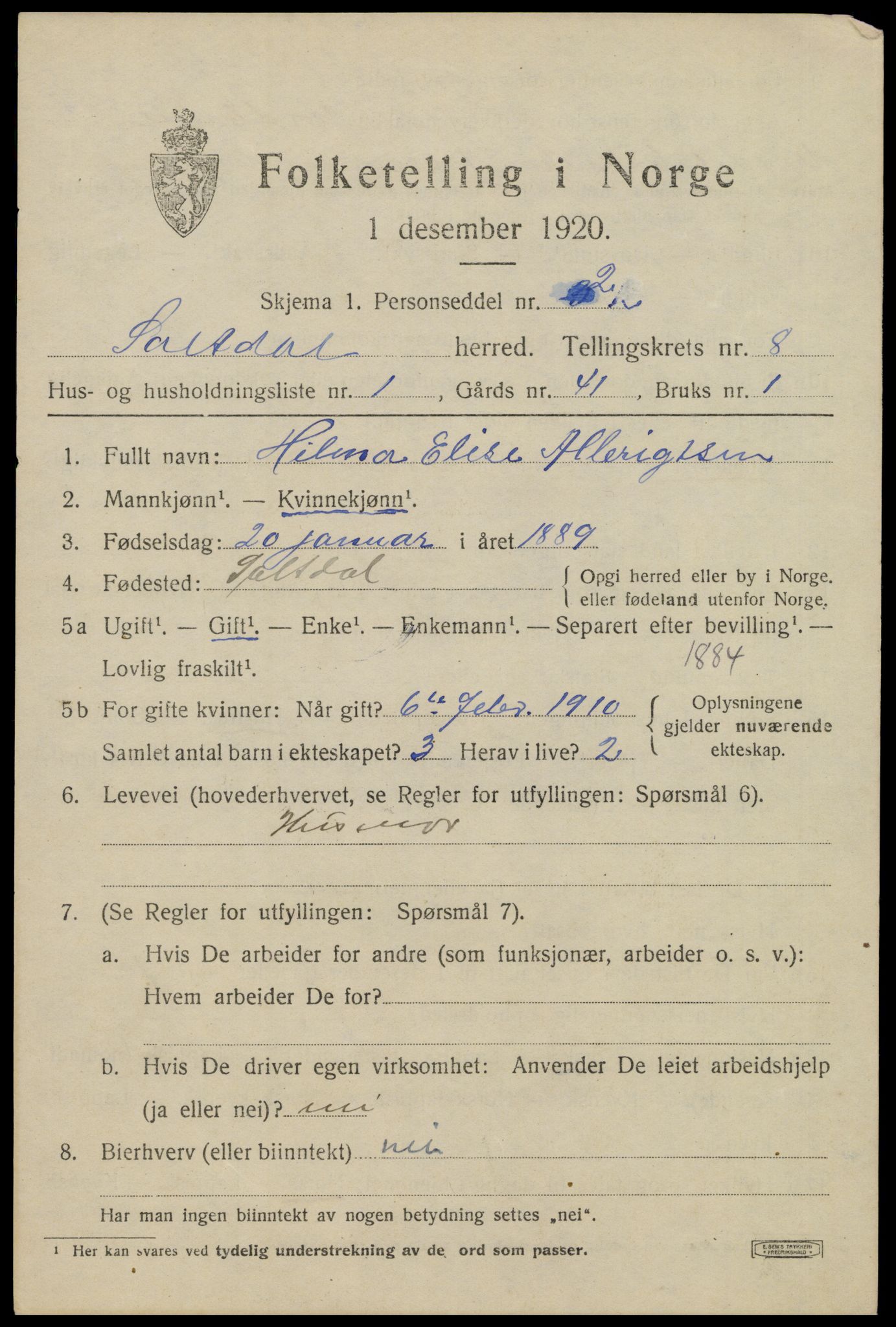 SAT, 1920 census for Saltdal, 1920, p. 8515