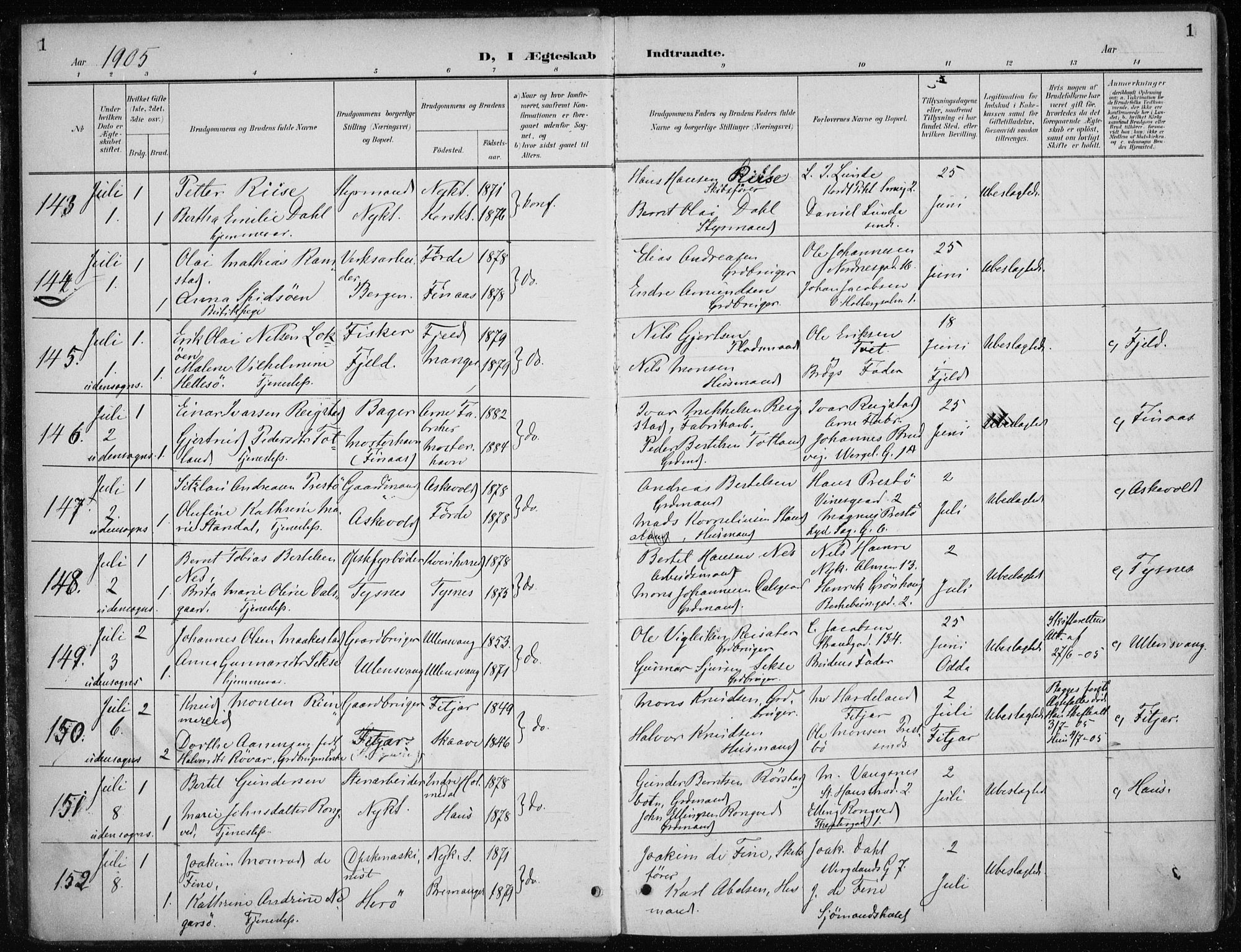 Nykirken Sokneprestembete, AV/SAB-A-77101/H/Haa/L0035: Parish register (official) no. D 5, 1905-1913, p. 1