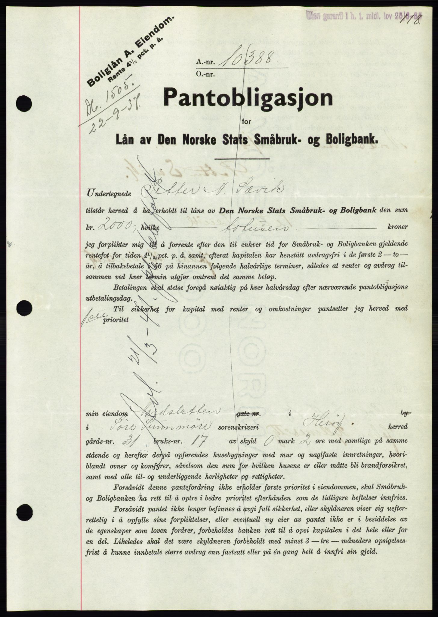 Søre Sunnmøre sorenskriveri, AV/SAT-A-4122/1/2/2C/L0064: Mortgage book no. 58, 1937-1938, Diary no: : 1505/1937