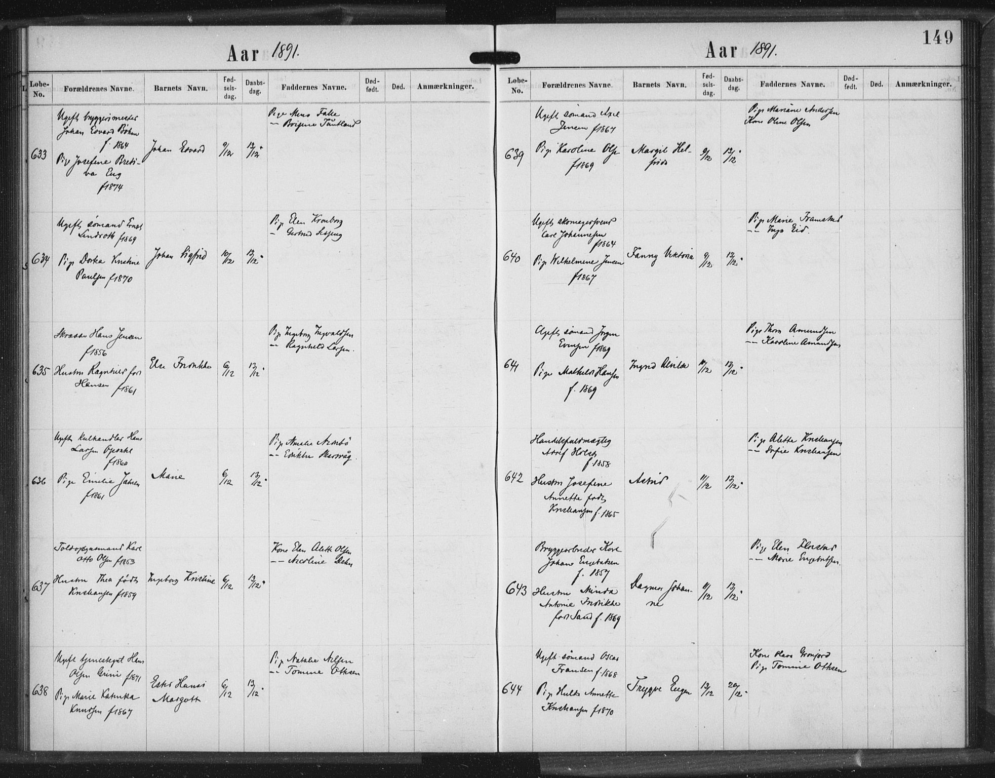 Rikshospitalet prestekontor Kirkebøker, SAO/A-10309b/K/L0003/0003: Baptism register no. 3.3, 1889-1892, p. 149