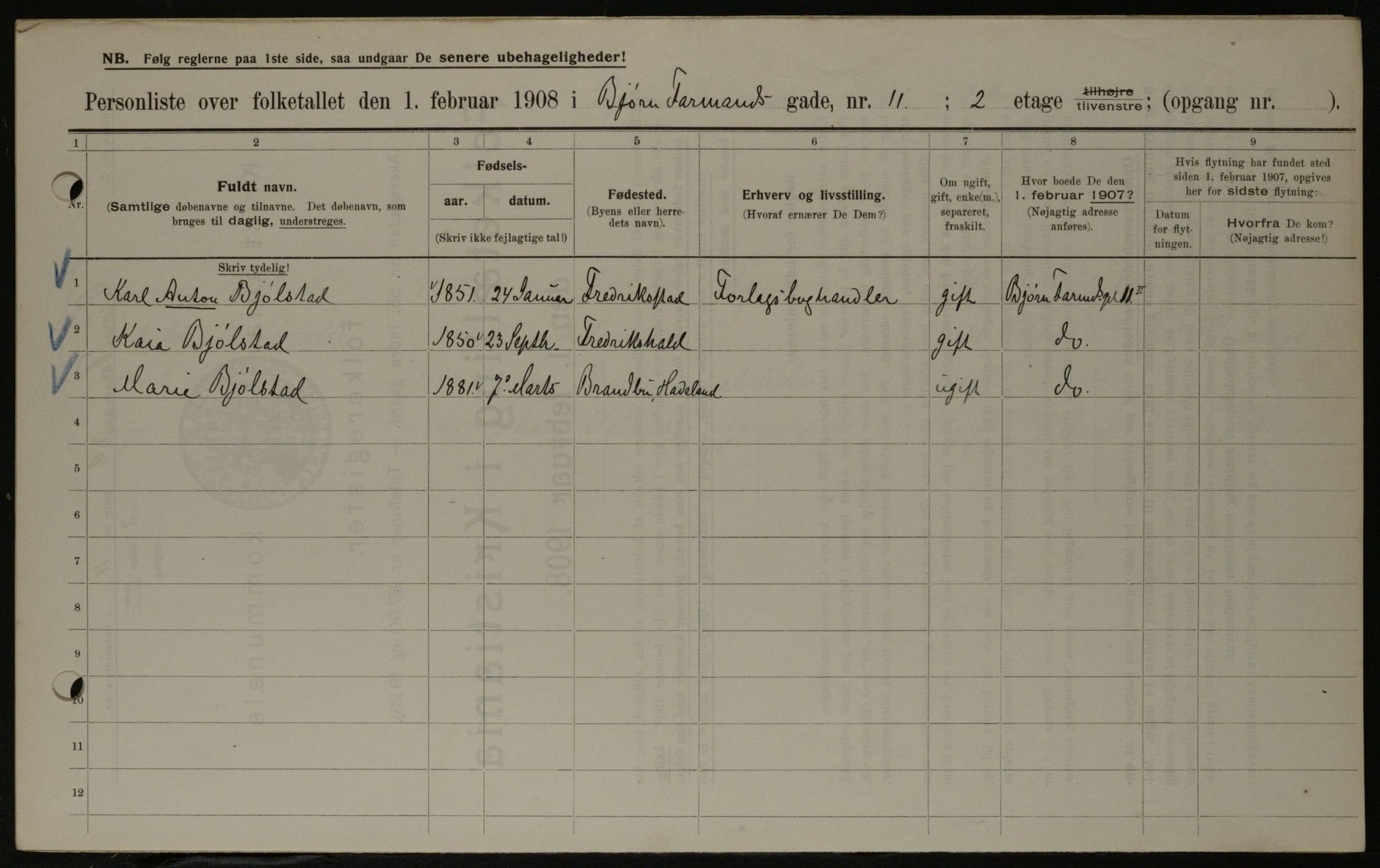 OBA, Municipal Census 1908 for Kristiania, 1908, p. 6494