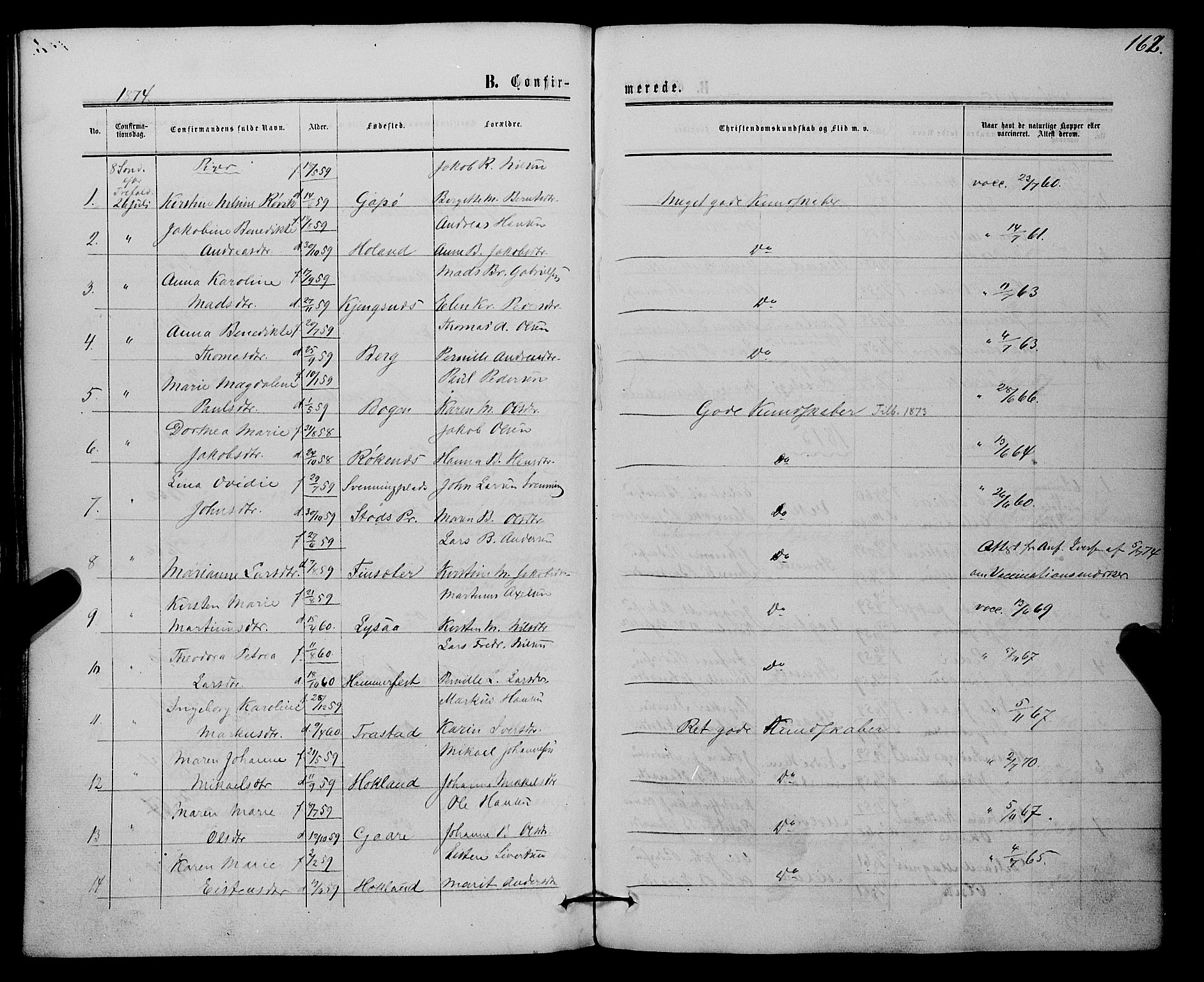 Kvæfjord sokneprestkontor, AV/SATØ-S-1323/G/Ga/Gaa/L0004kirke: Parish register (official) no. 4, 1857-1877, p. 162