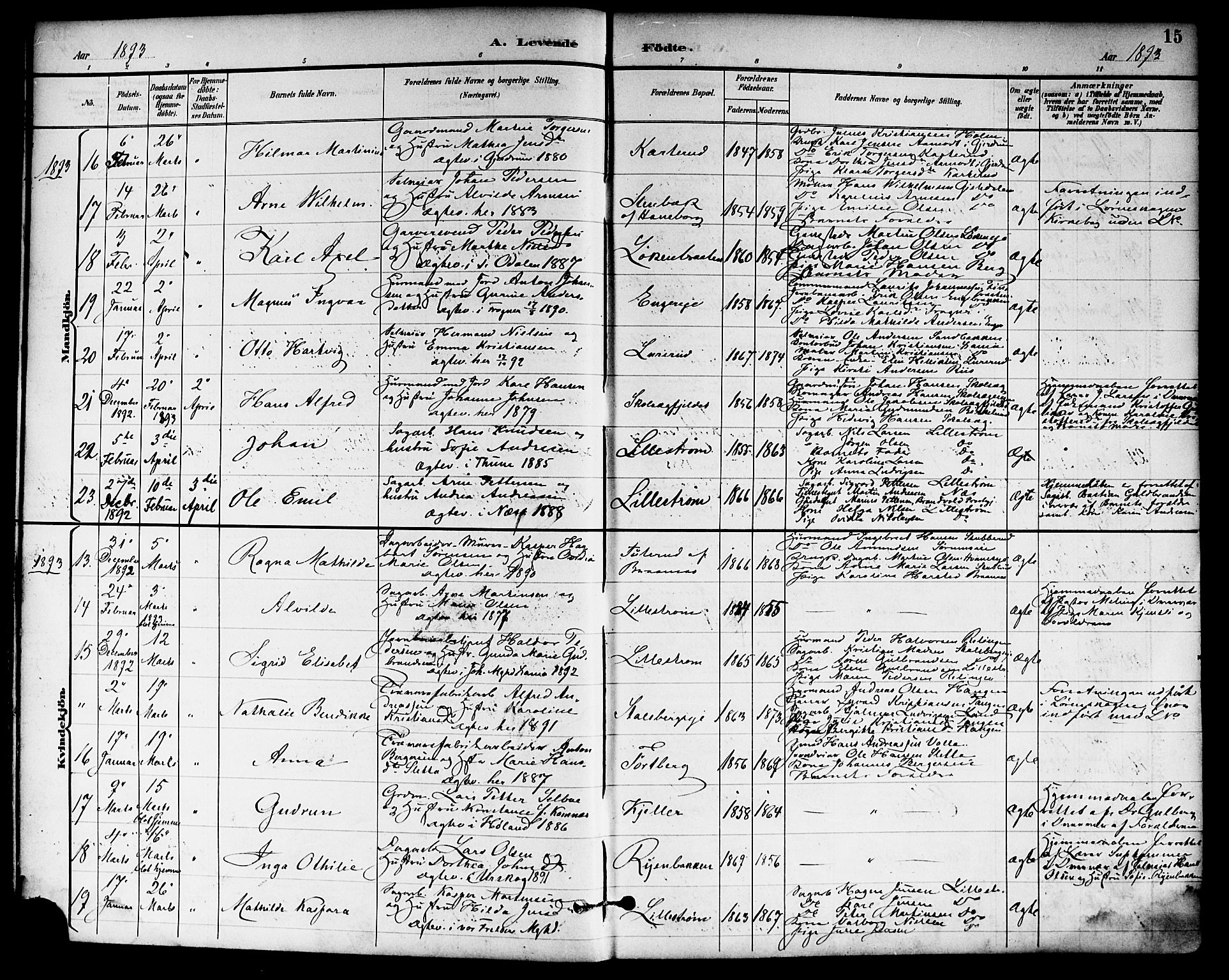 Skedsmo prestekontor Kirkebøker, SAO/A-10033a/F/Fa/L0014: Parish register (official) no. I 14, 1892-1901, p. 15