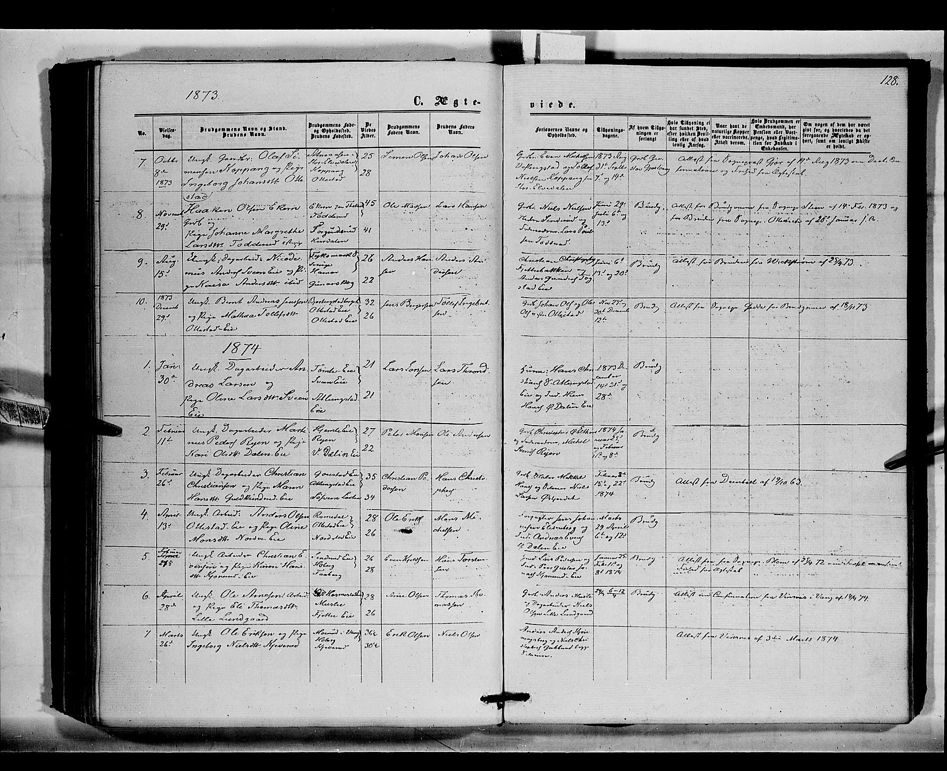Stange prestekontor, SAH/PREST-002/K/L0015: Parish register (official) no. 15, 1862-1879, p. 128