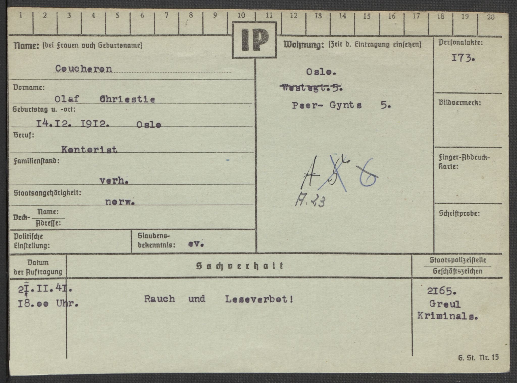 Befehlshaber der Sicherheitspolizei und des SD, AV/RA-RAFA-5969/E/Ea/Eaa/L0002: Register over norske fanger i Møllergata 19: Bj-Eng, 1940-1945, p. 841