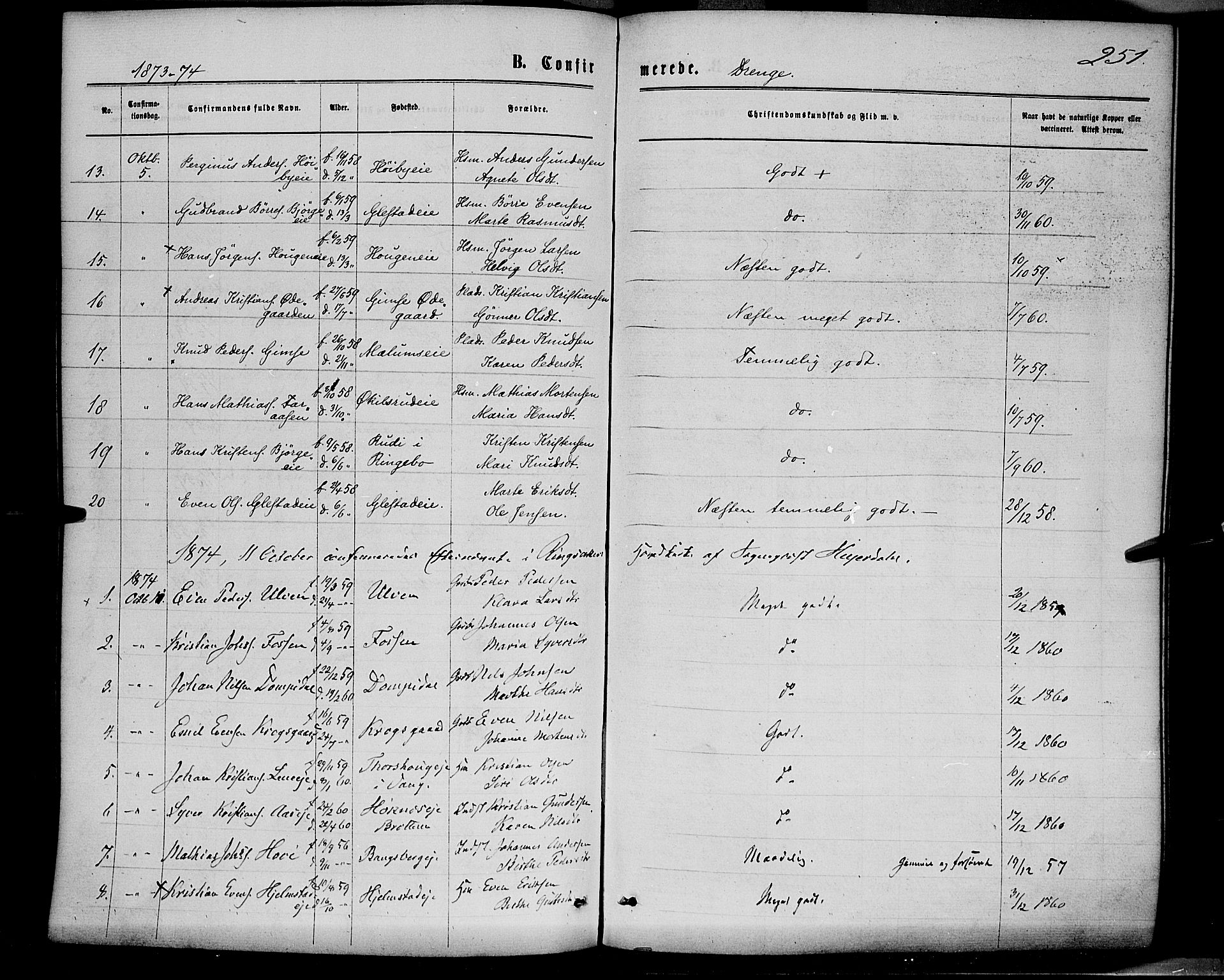 Ringsaker prestekontor, SAH/PREST-014/K/Ka/L0011: Parish register (official) no. 11, 1870-1878, p. 251
