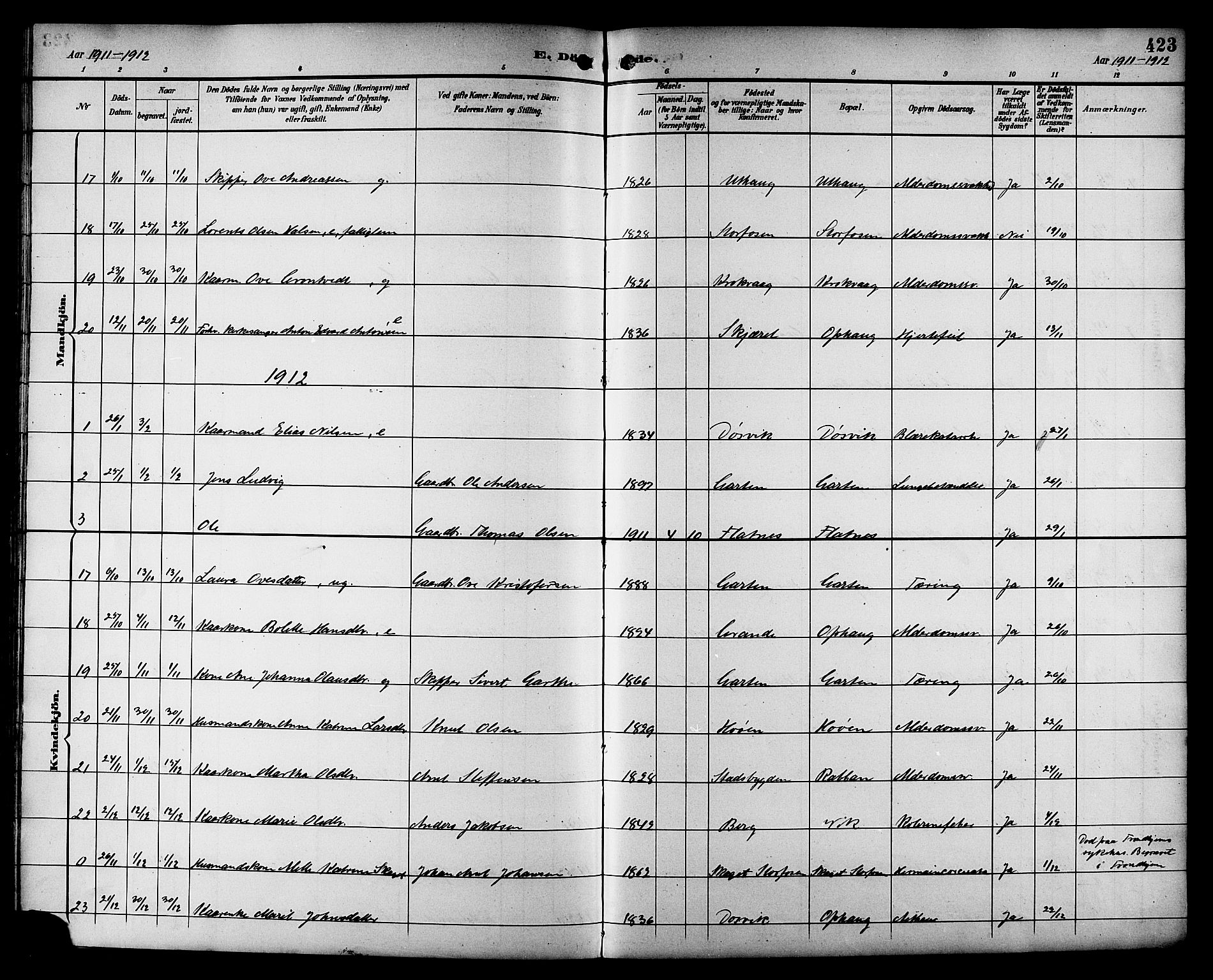 Ministerialprotokoller, klokkerbøker og fødselsregistre - Sør-Trøndelag, SAT/A-1456/659/L0746: Parish register (copy) no. 659C03, 1893-1912, p. 423