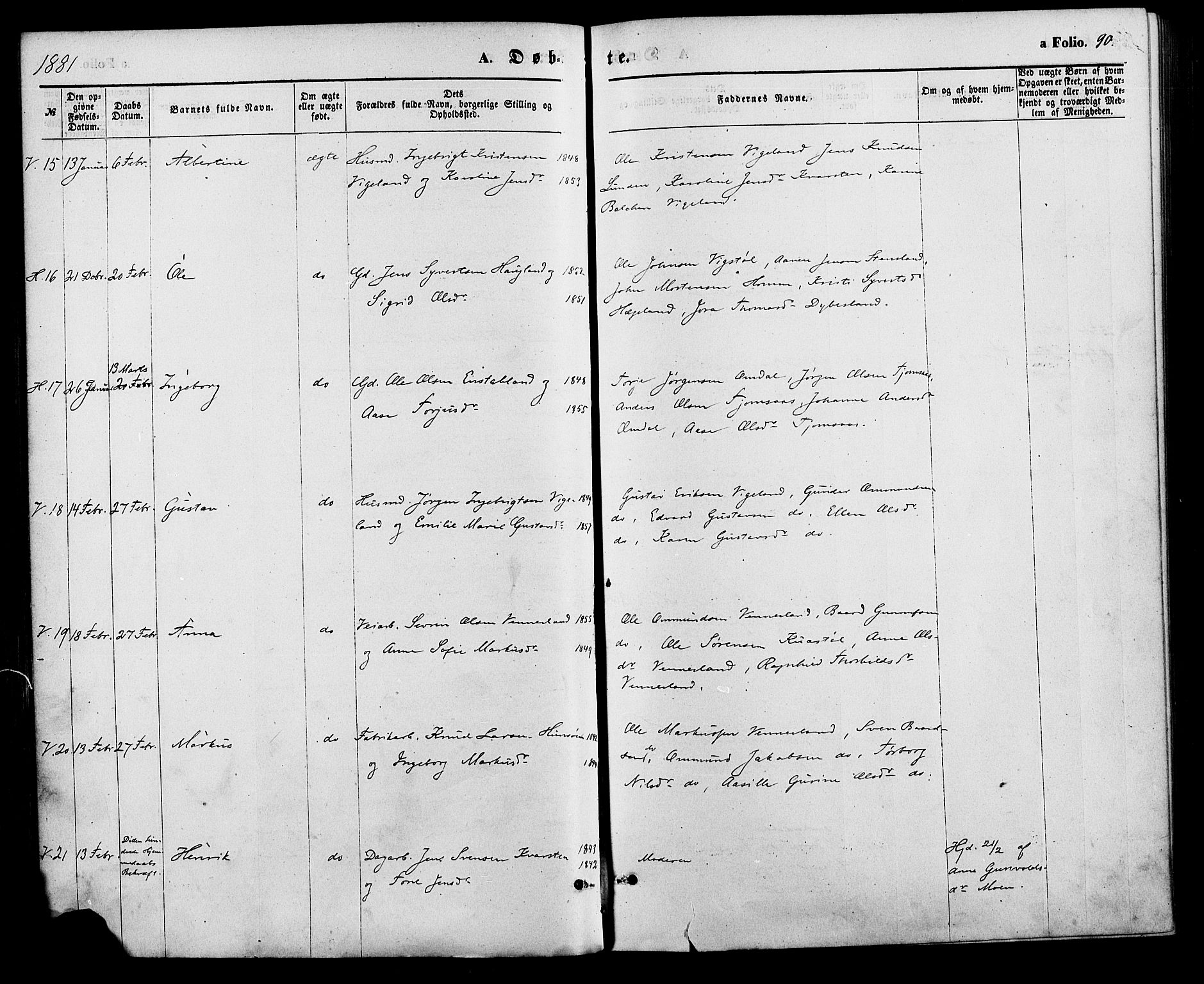 Vennesla sokneprestkontor, SAK/1111-0045/Fa/Fac/L0008: Parish register (official) no. A 8, 1874-1883, p. 90
