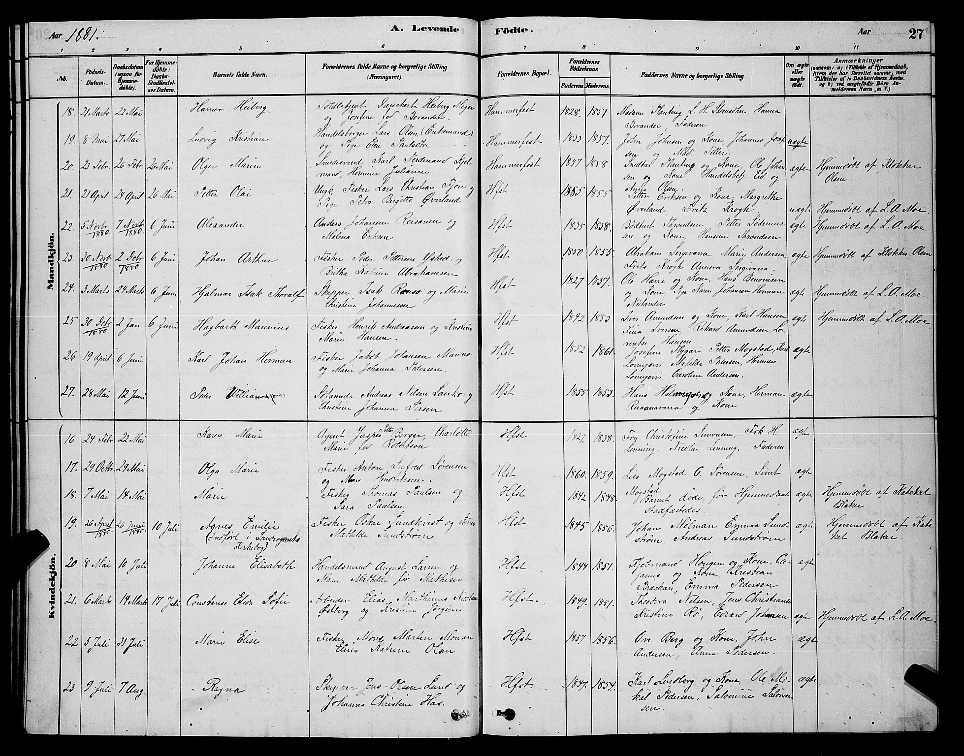 Hammerfest sokneprestkontor, AV/SATØ-S-1347/H/Hb/L0006.klokk: Parish register (copy) no. 6, 1876-1884, p. 27