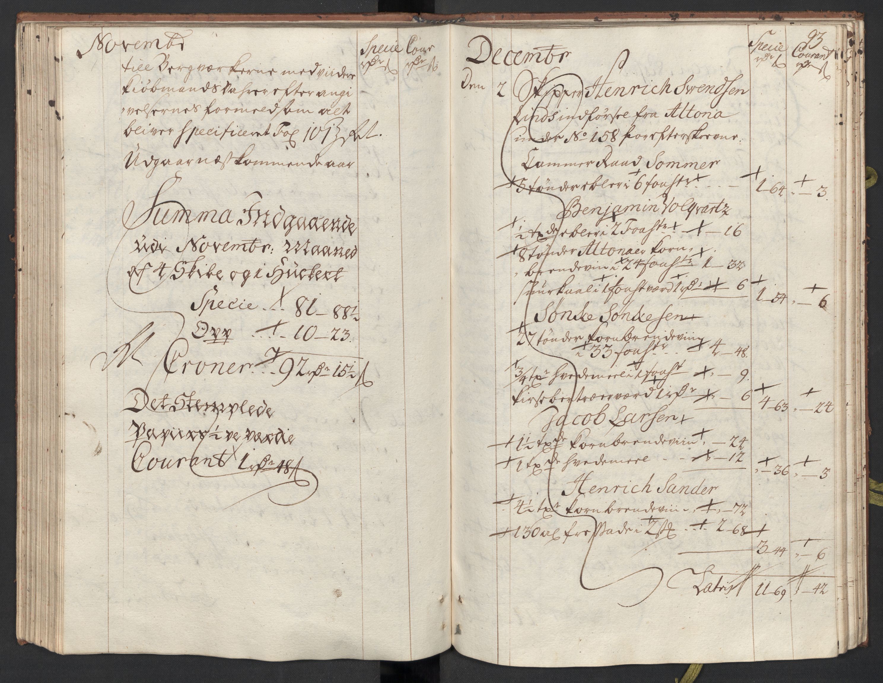 Generaltollkammeret, tollregnskaper, AV/RA-EA-5490/R33/L0015/0001: Tollregnskaper Trondheim A / Inngående tollbok, 1733, p. 92b-93a