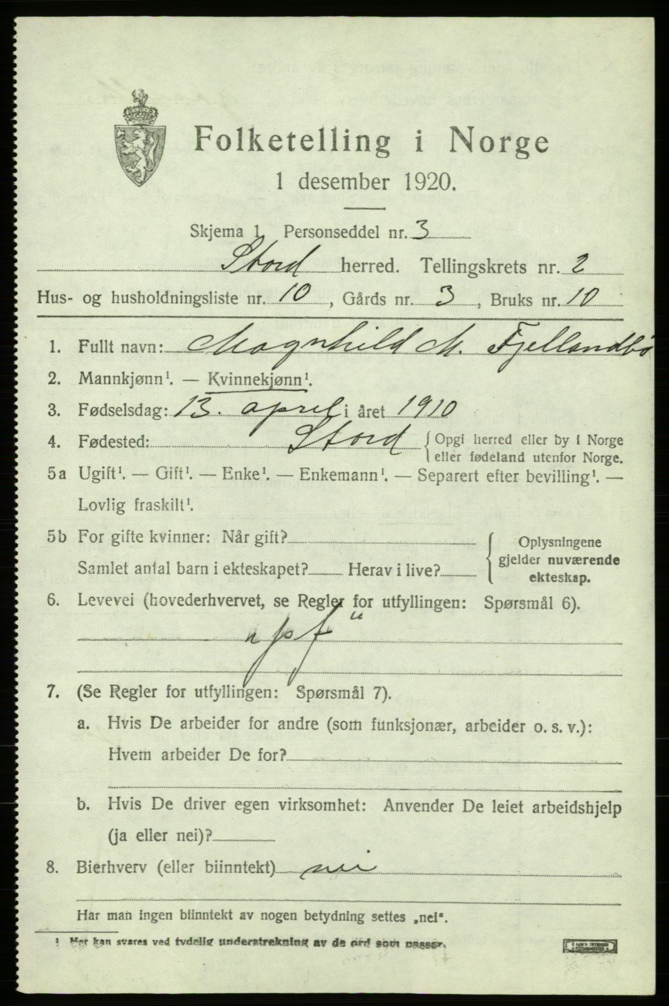 SAB, 1920 census for Stord, 1920, p. 1679