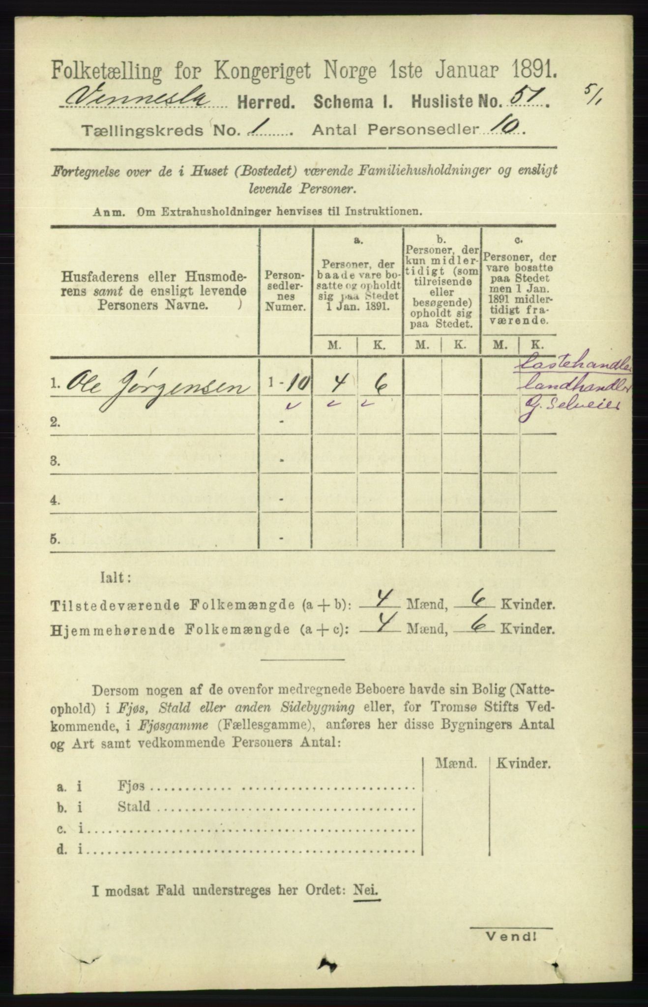 RA, 1891 census for 1014 Vennesla, 1891, p. 68