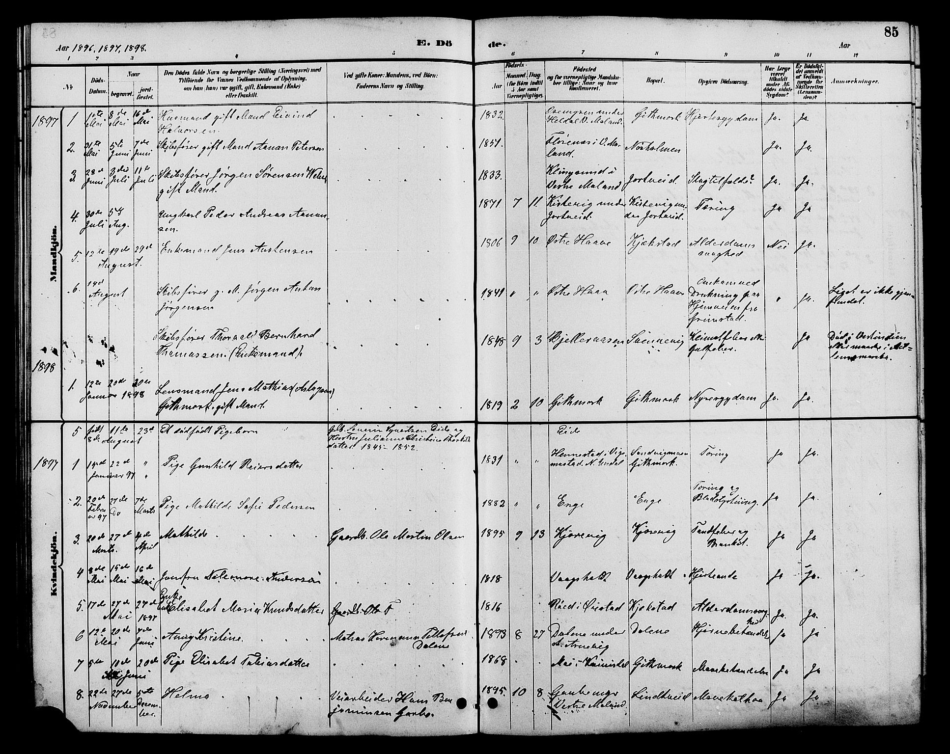 Hommedal sokneprestkontor, SAK/1111-0023/F/Fb/Fba/L0004: Parish register (copy) no. B 4, 1885-1908, p. 85