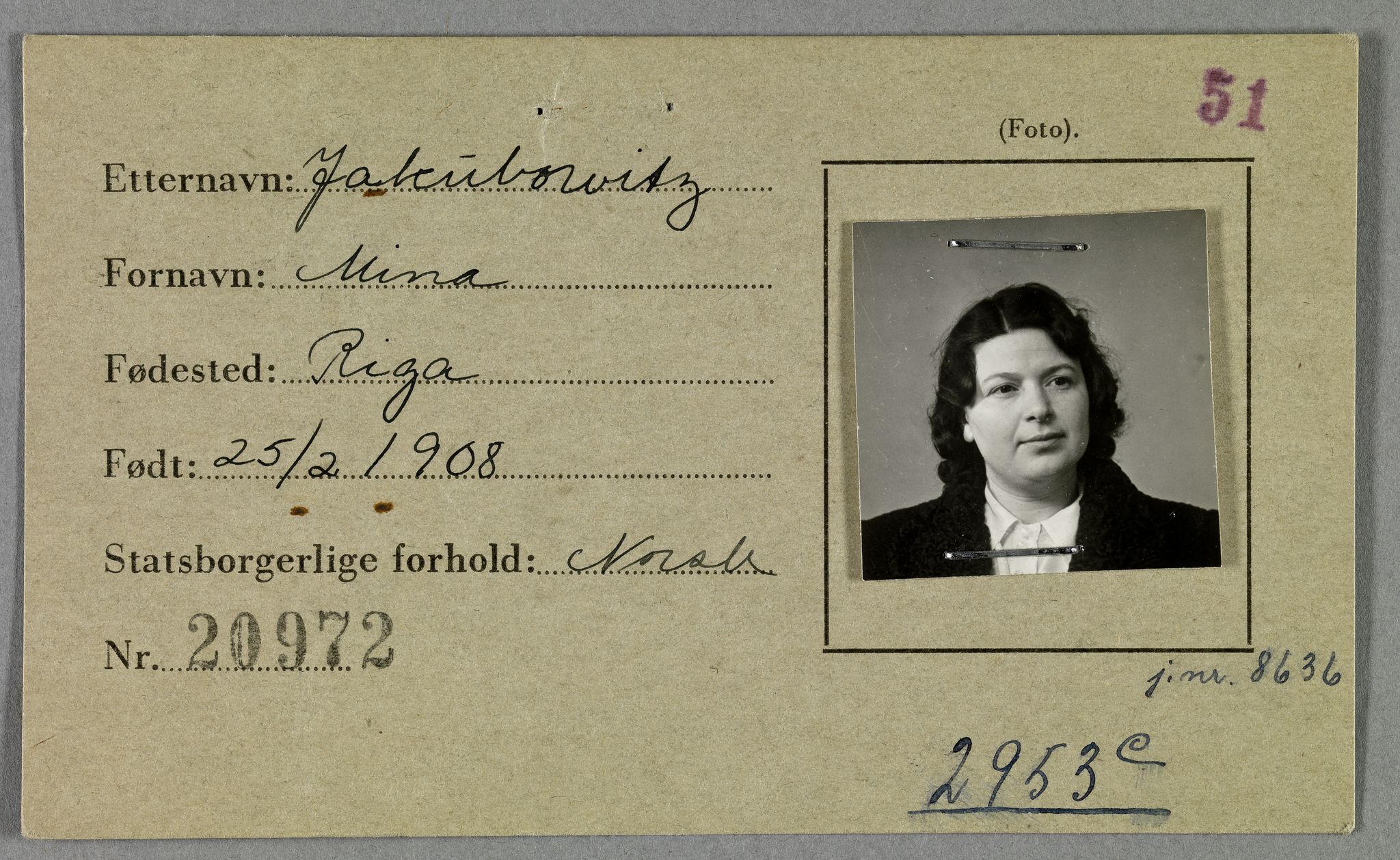Sosialdepartementet, Våre Falne, RA/S-1708/E/Ee/L0021A: Fotografier av jøder på legitimasjonskort (1941-42), 1941-1942, p. 181