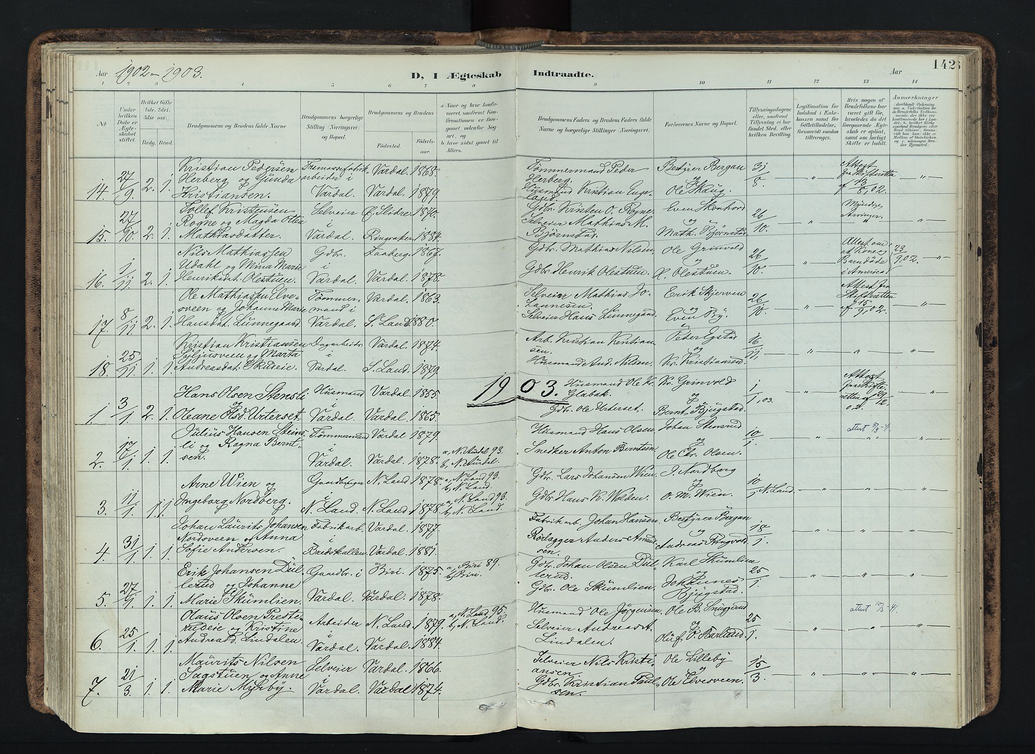 Vardal prestekontor, SAH/PREST-100/H/Ha/Haa/L0019: Parish register (official) no. 19, 1893-1907, p. 142