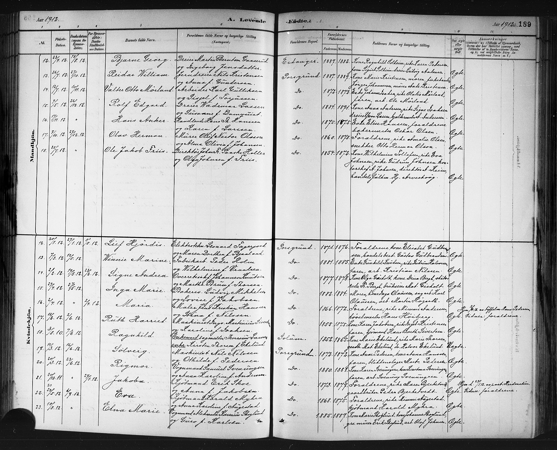 Porsgrunn kirkebøker , SAKO/A-104/G/Gb/L0005: Parish register (copy) no. II 5, 1883-1915, p. 189