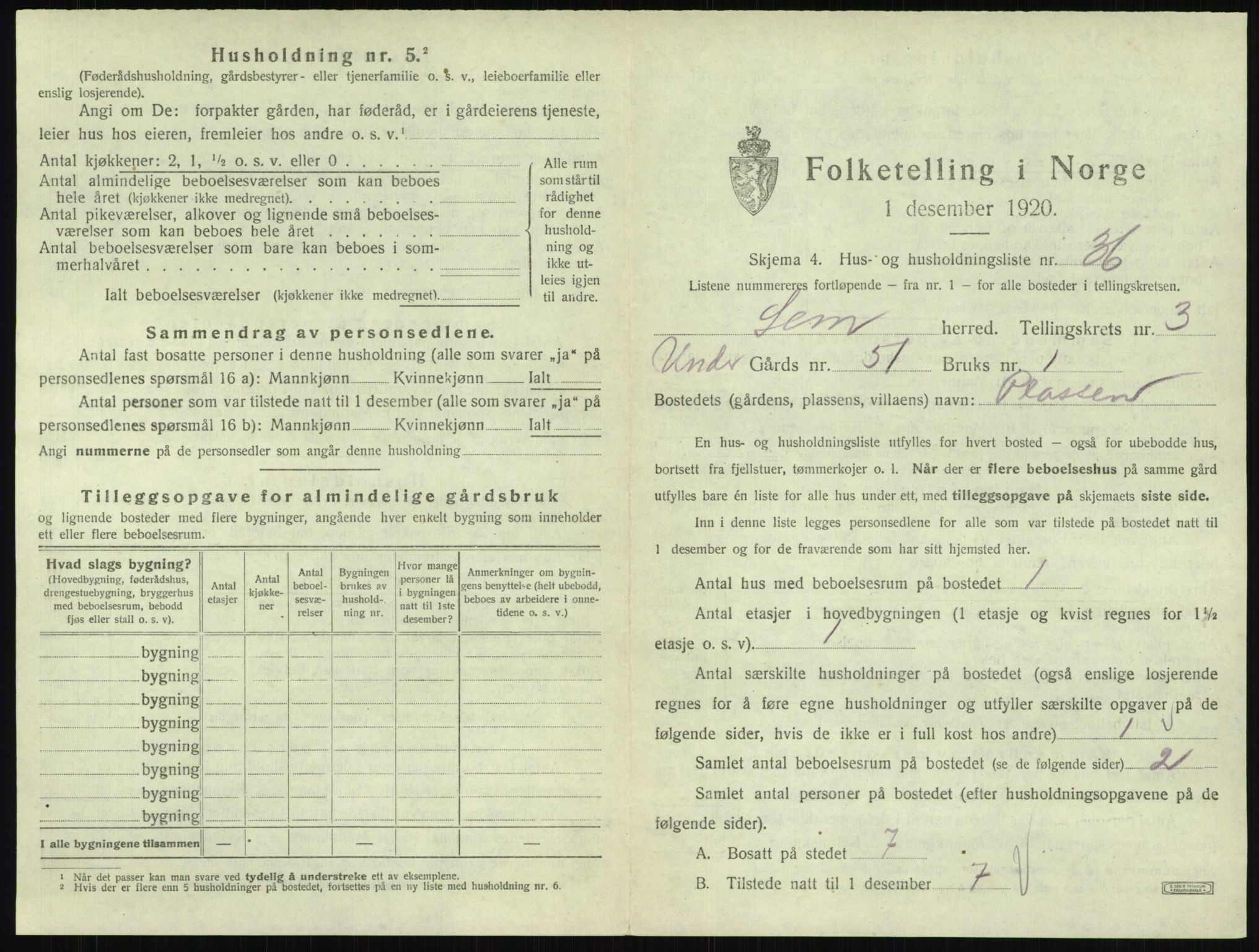 SAKO, 1920 census for Sem, 1920, p. 706
