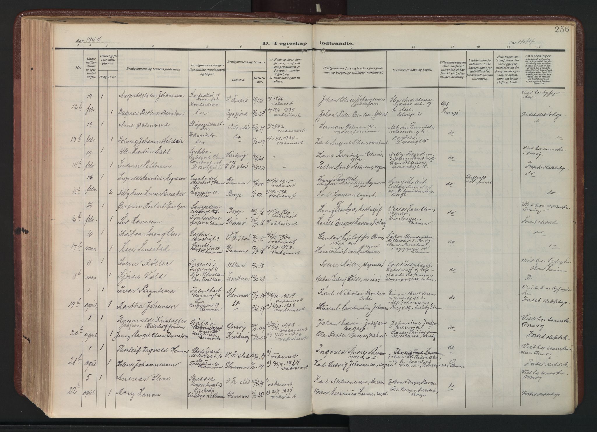 Fredrikstad domkirkes prestekontor Kirkebøker, SAO/A-10906/F/Fa/L0009: Parish register (official) no. I 9, 1908-1946, p. 256