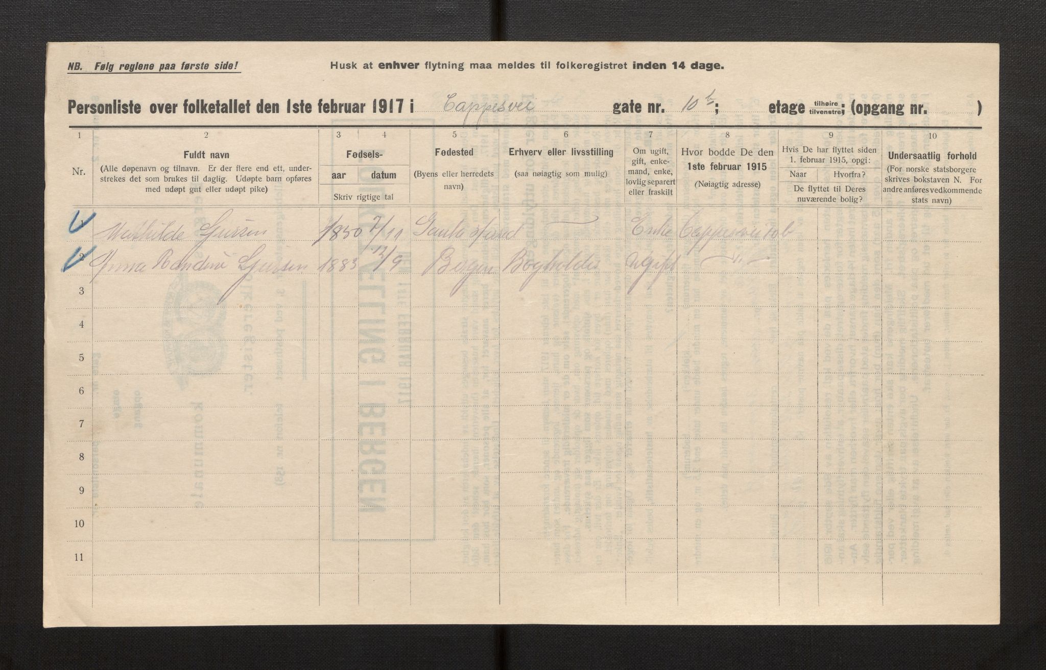 SAB, Municipal Census 1917 for Bergen, 1917, p. 4373