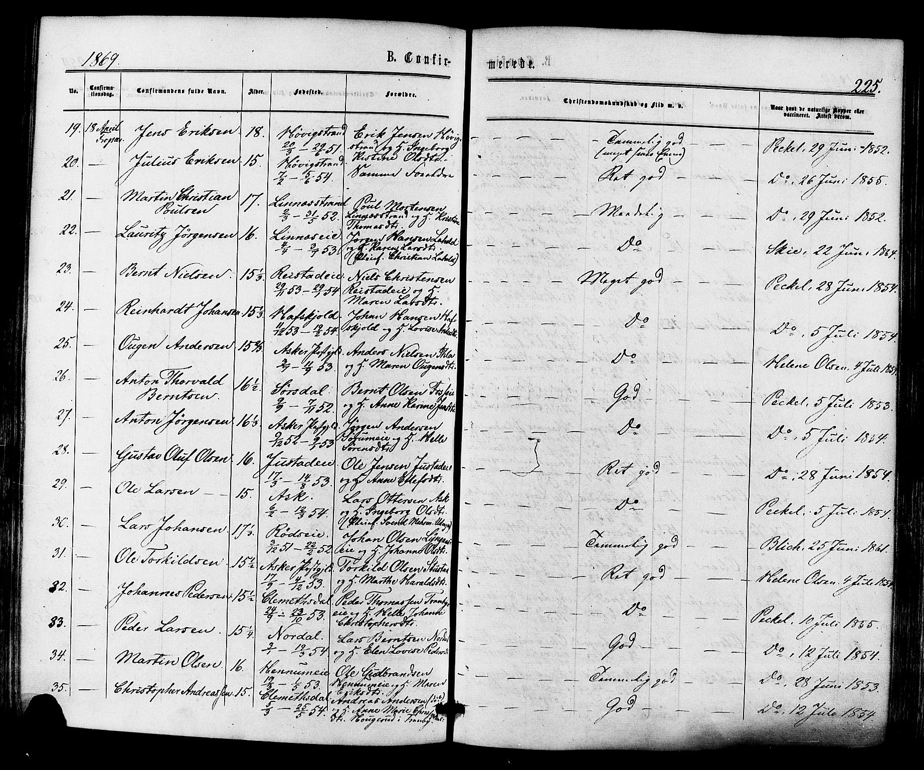 Lier kirkebøker, AV/SAKO-A-230/F/Fa/L0013: Parish register (official) no. I 13, 1865-1874, p. 225