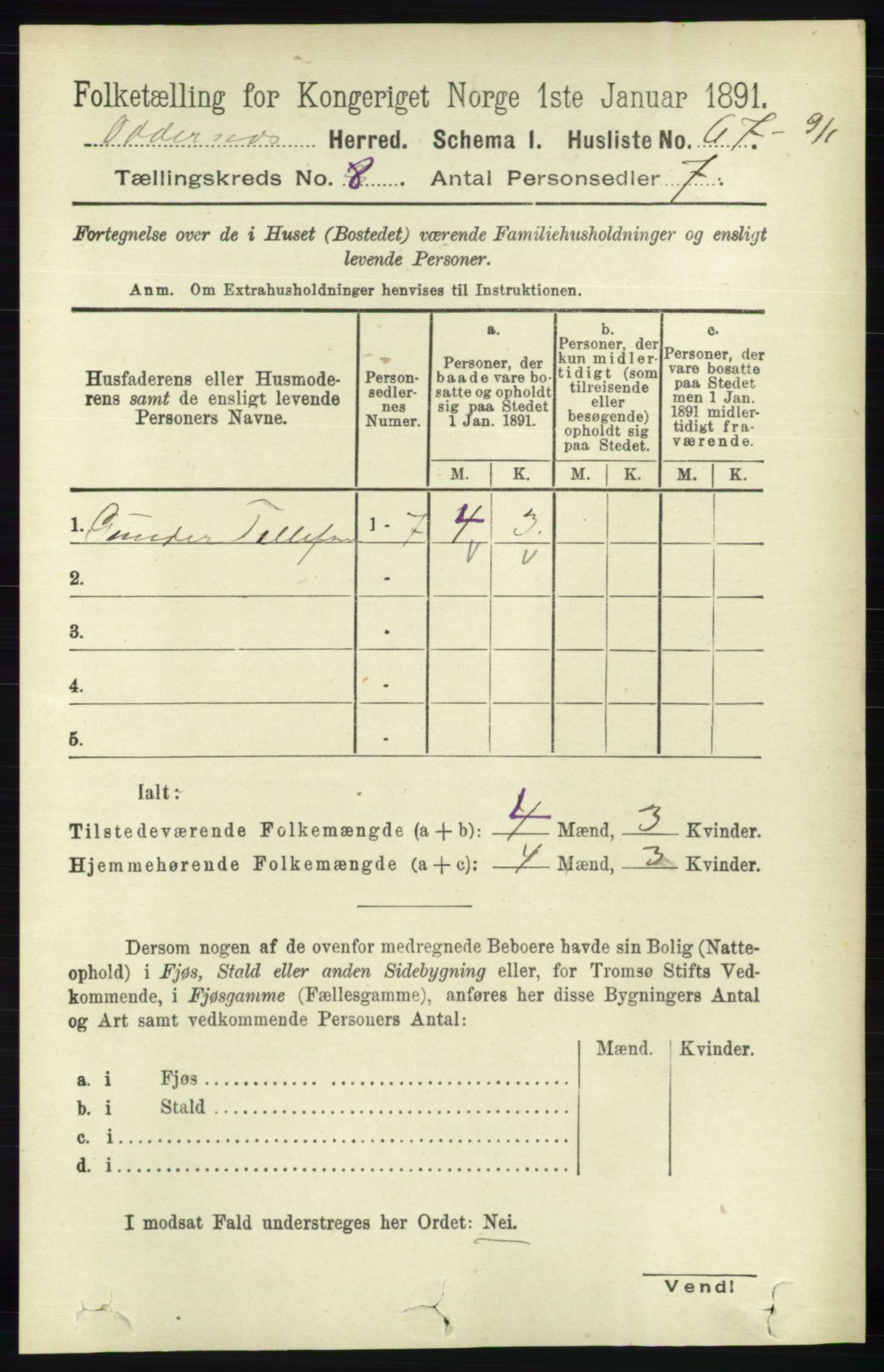 RA, 1891 census for 1012 Oddernes, 1891, p. 2699