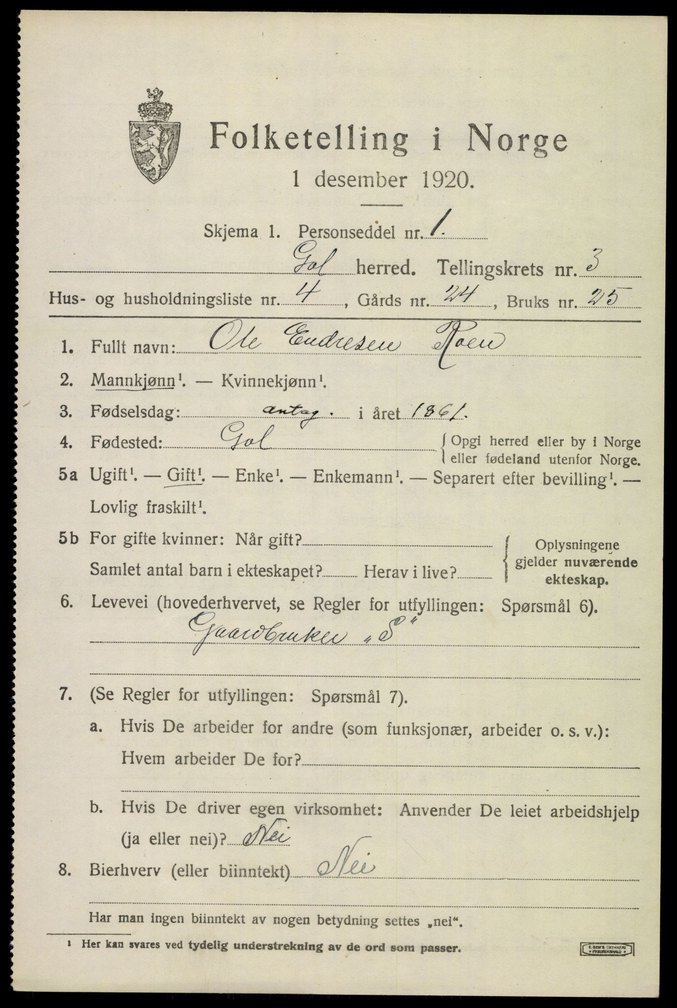 SAKO, 1920 census for Gol, 1920, p. 2222