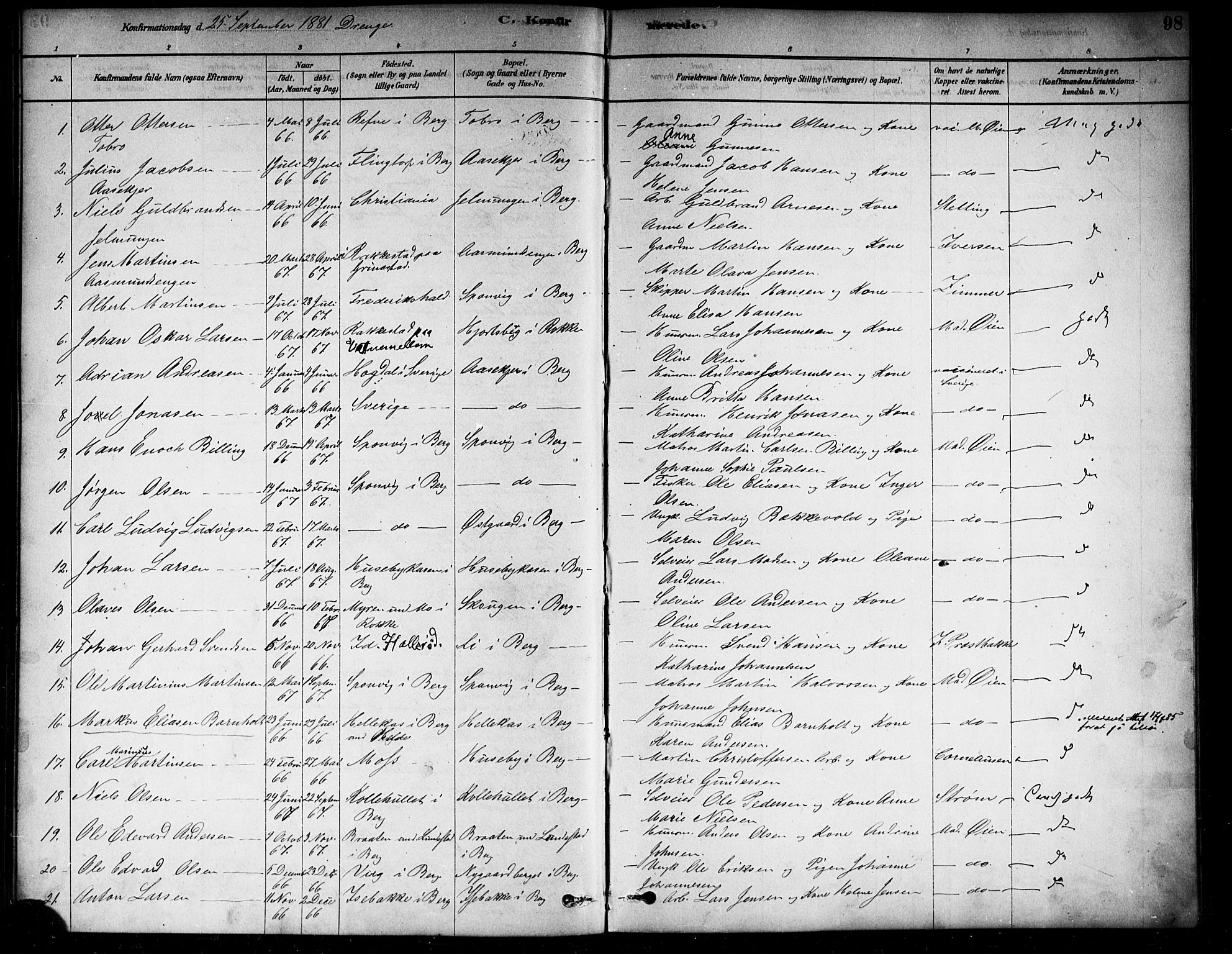 Berg prestekontor Kirkebøker, AV/SAO-A-10902/F/Fa/L0006: Parish register (official) no. I 6, 1878-1887, p. 98