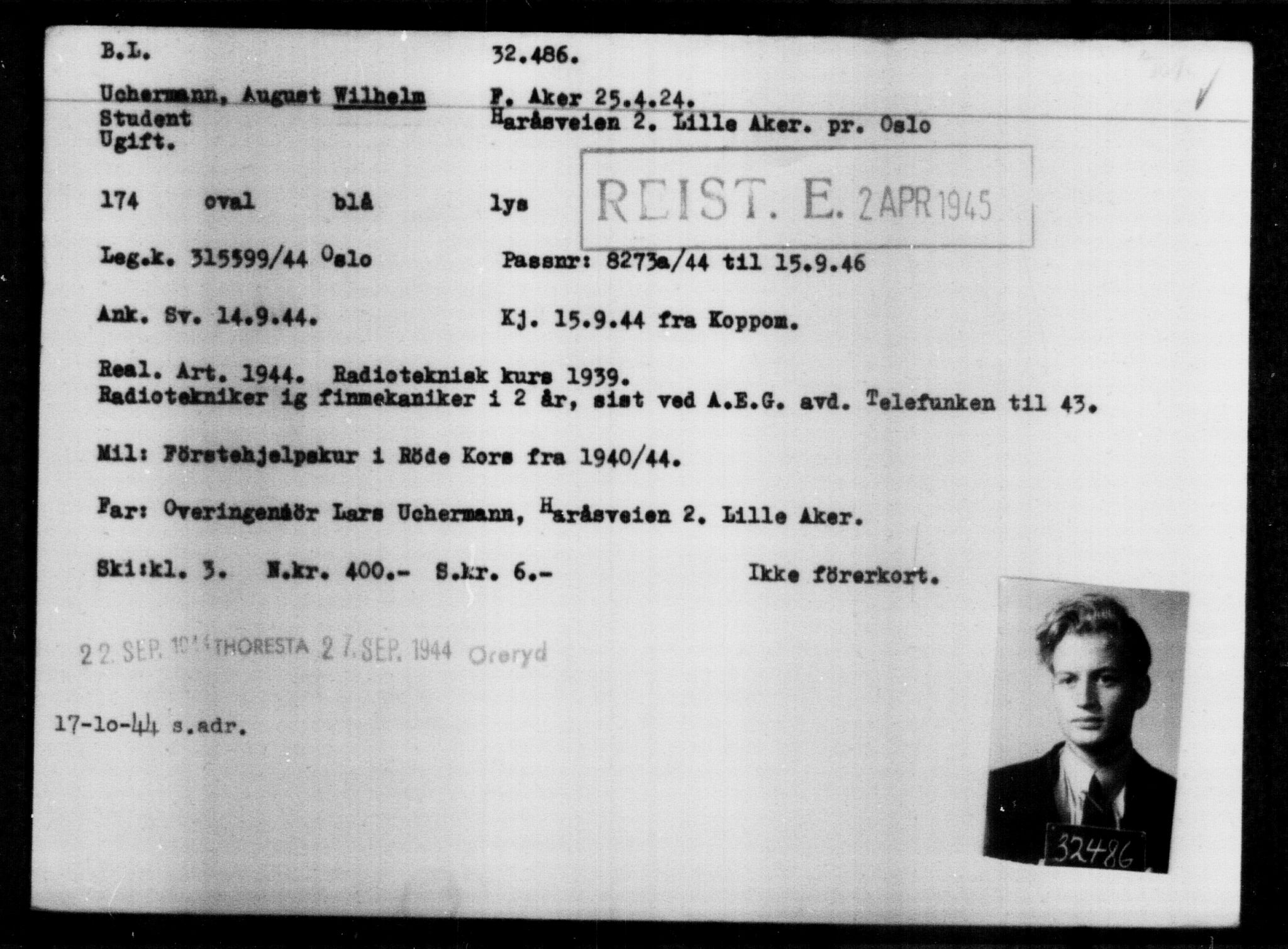 Utenriksstasjonene, Legasjonen i Stockholm, Flyktningkontoret, AV/RA-S-6753/V/Va/L0013: Kjesäterkartoteket, flyktninger med registreringsnr. 31500-34731, 1940-1945, p. 1040