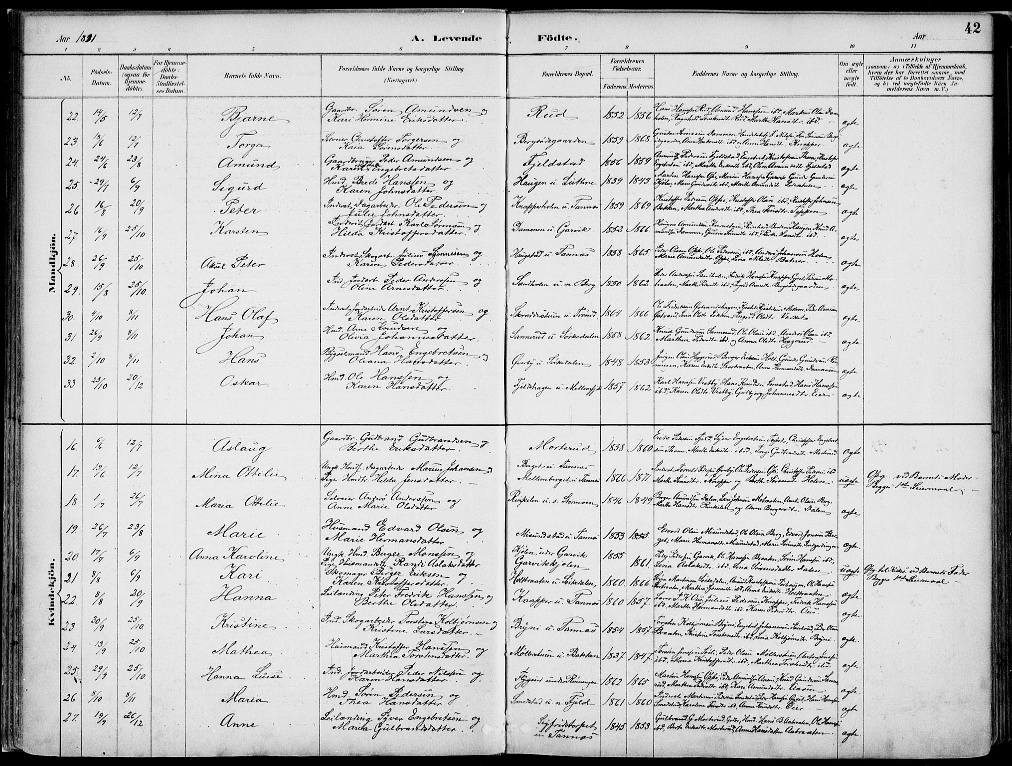 Nord-Odal prestekontor, AV/SAH-PREST-032/H/Ha/Haa/L0008: Parish register (official) no. 8, 1886-1901, p. 42