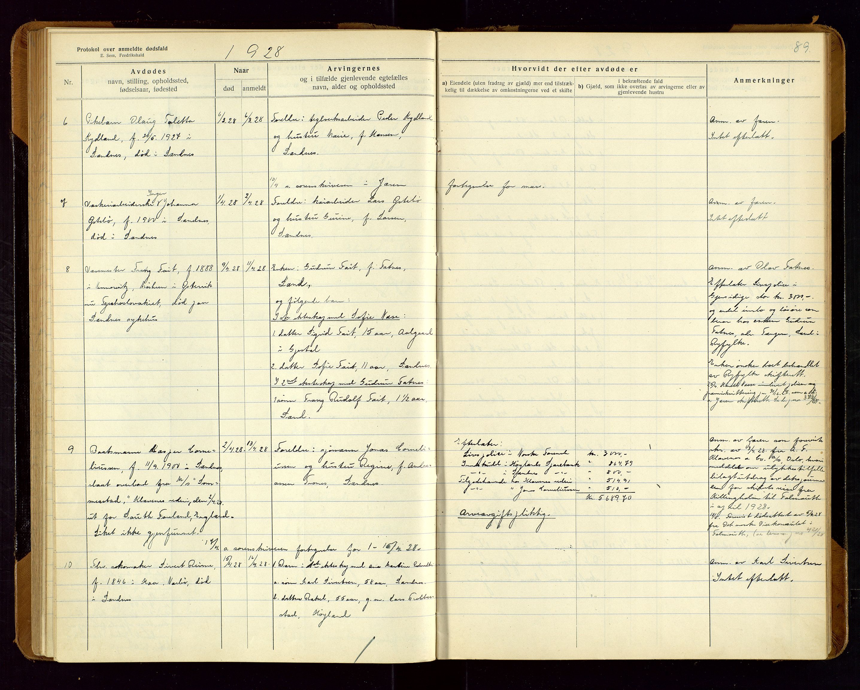 Sandnes lensmannskontor, SAST/A-100167/Gga/L0001: "Protokol over anmeldte dødsfald" m/register, 1918-1940, p. 89