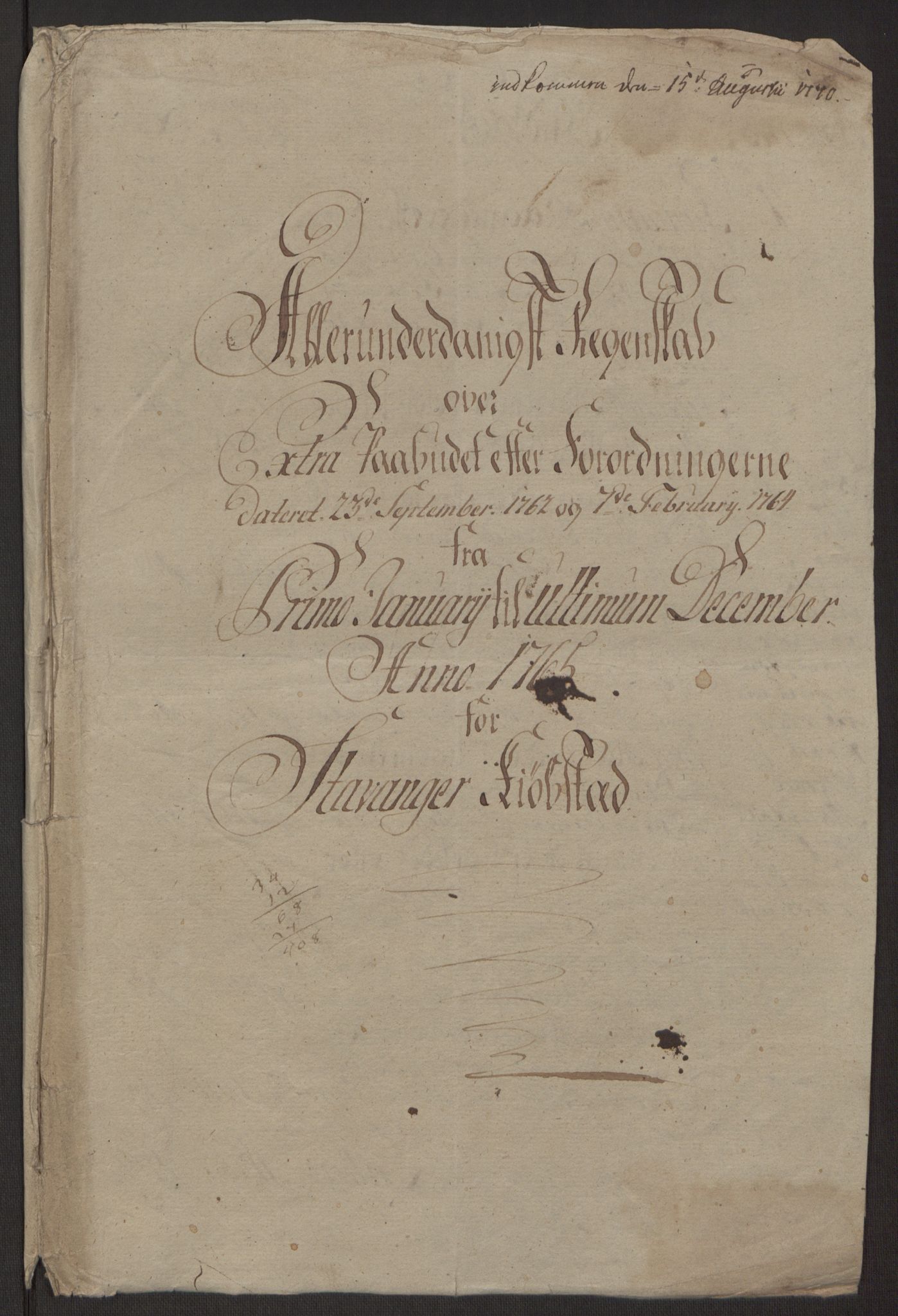 Rentekammeret inntil 1814, Reviderte regnskaper, Byregnskaper, AV/RA-EA-4066/R/Ro/L0305/0001: [O6] Kontribusjonsregnskap / Ekstraskatt, 1762-1768, p. 78