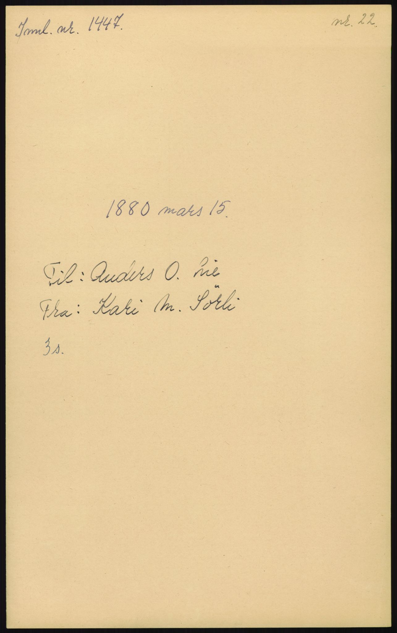 Samlinger til kildeutgivelse, Amerikabrevene, AV/RA-EA-4057/F/L0012: Innlån fra Oppland: Lie (brevnr 1-78), 1838-1914, p. 267