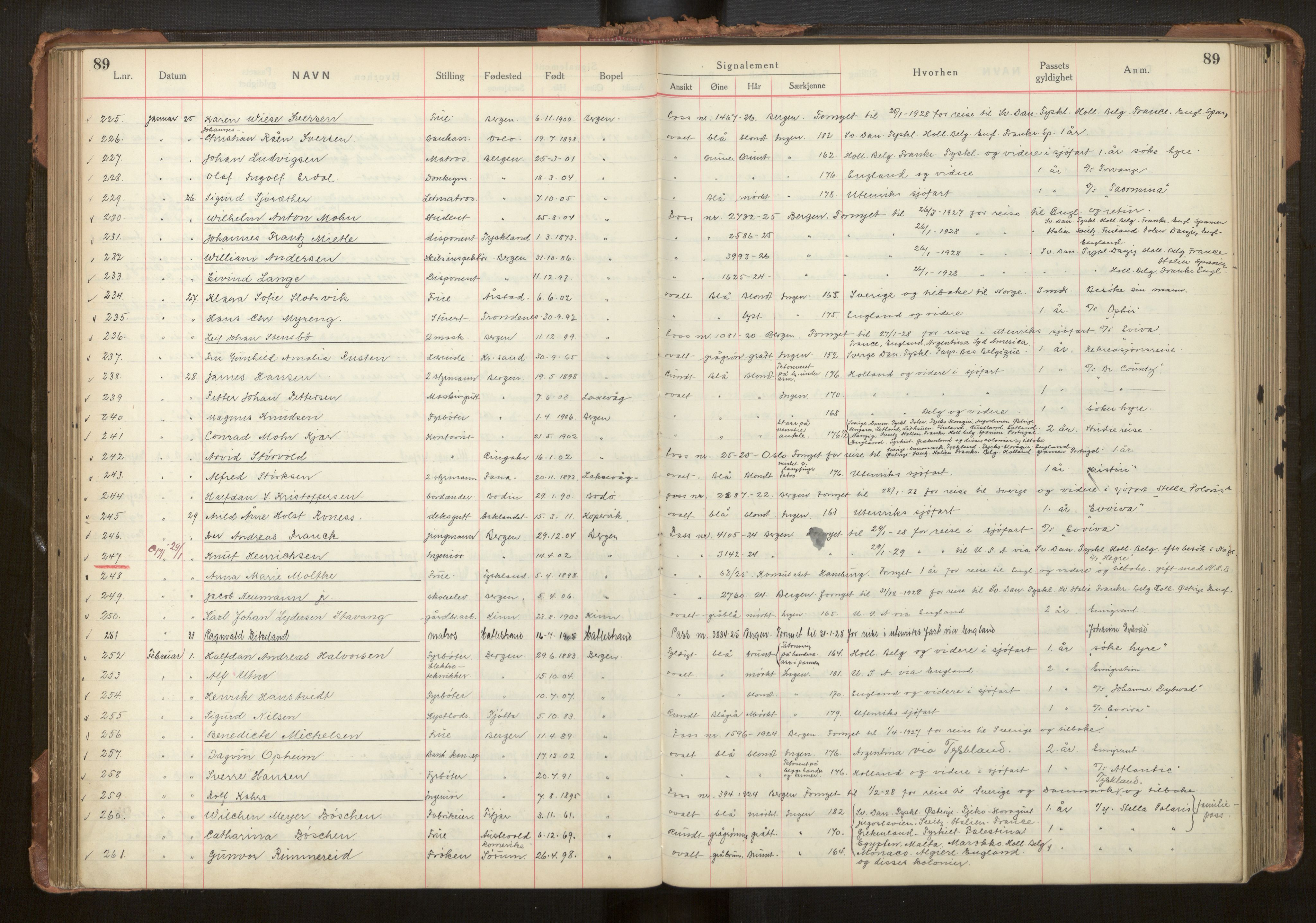 Bergen politikammer / politidistrikt, AV/SAB-A-60401/L/La/Lab/L0011: Passprotokoll, 1926-1928