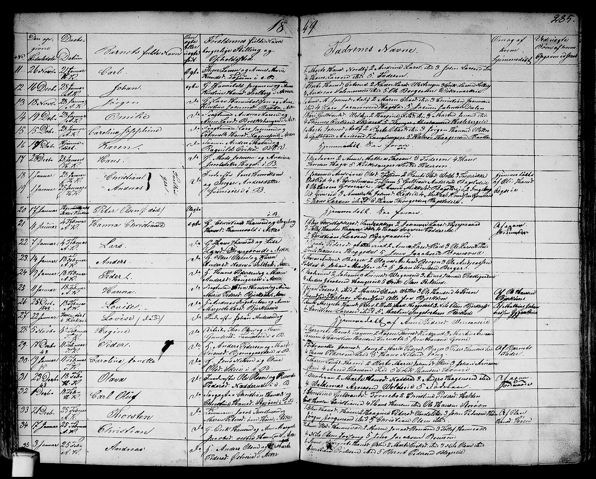 Asker prestekontor Kirkebøker, SAO/A-10256a/F/Fa/L0007: Parish register (official) no. I 7, 1825-1864, p. 285