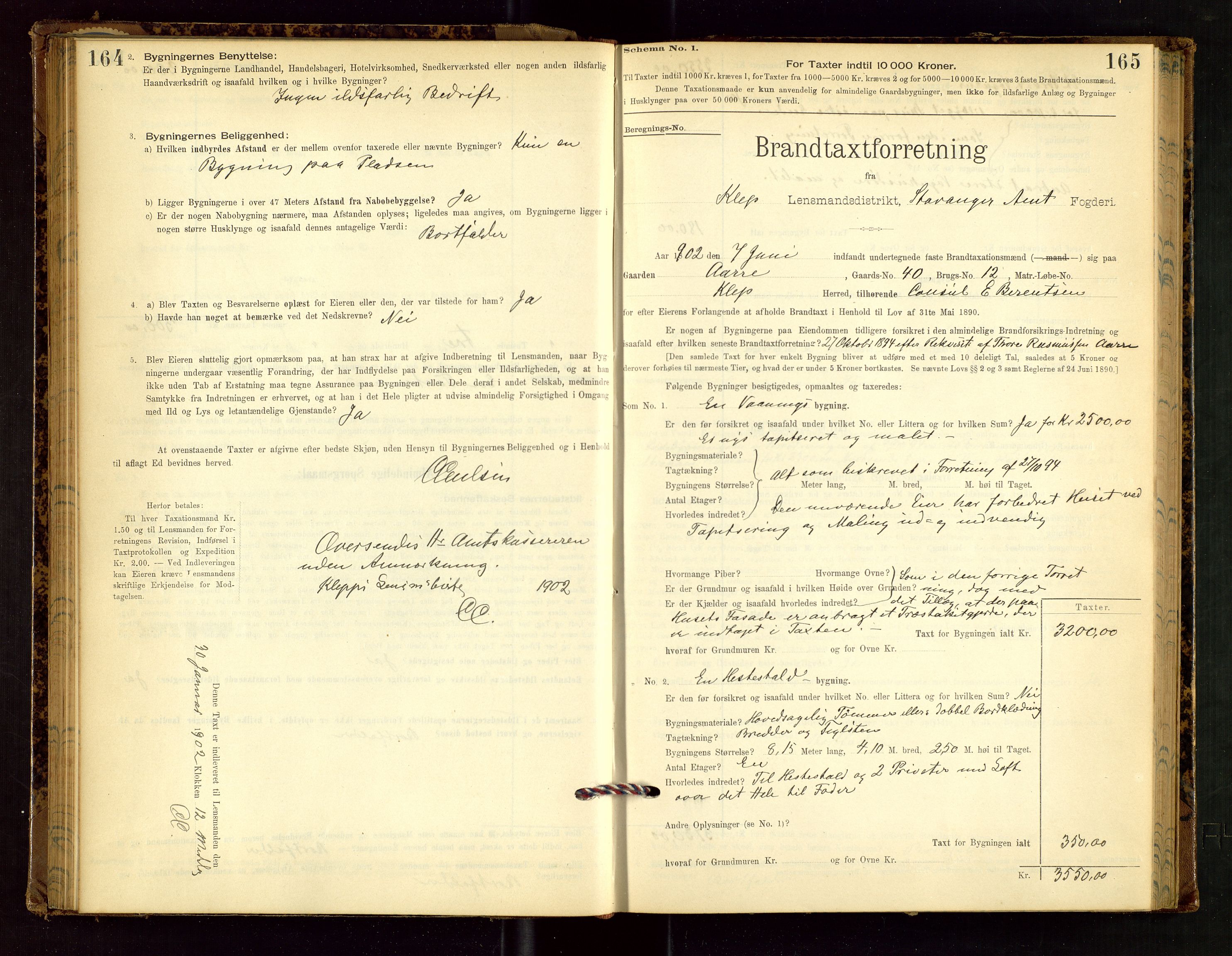 Klepp lensmannskontor, SAST/A-100163/Goc/L0002: "Brandtaxationsprotokol" m/register, 1898-1902, p. 164-165
