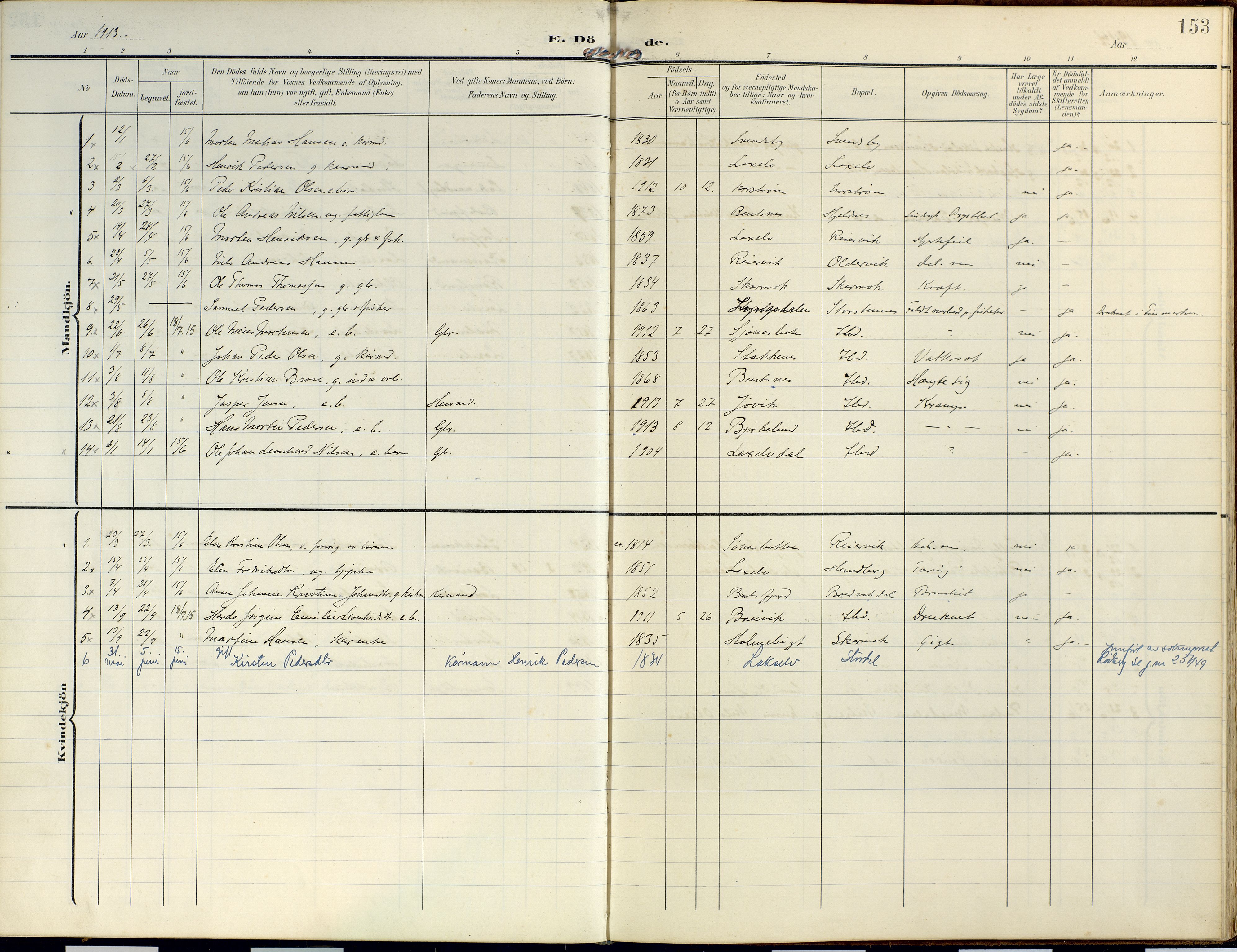 Lyngen sokneprestembete, SATØ/S-1289/H/He/Hea/L0014kirke: Parish register (official) no. 14, 1905-1920, p. 153