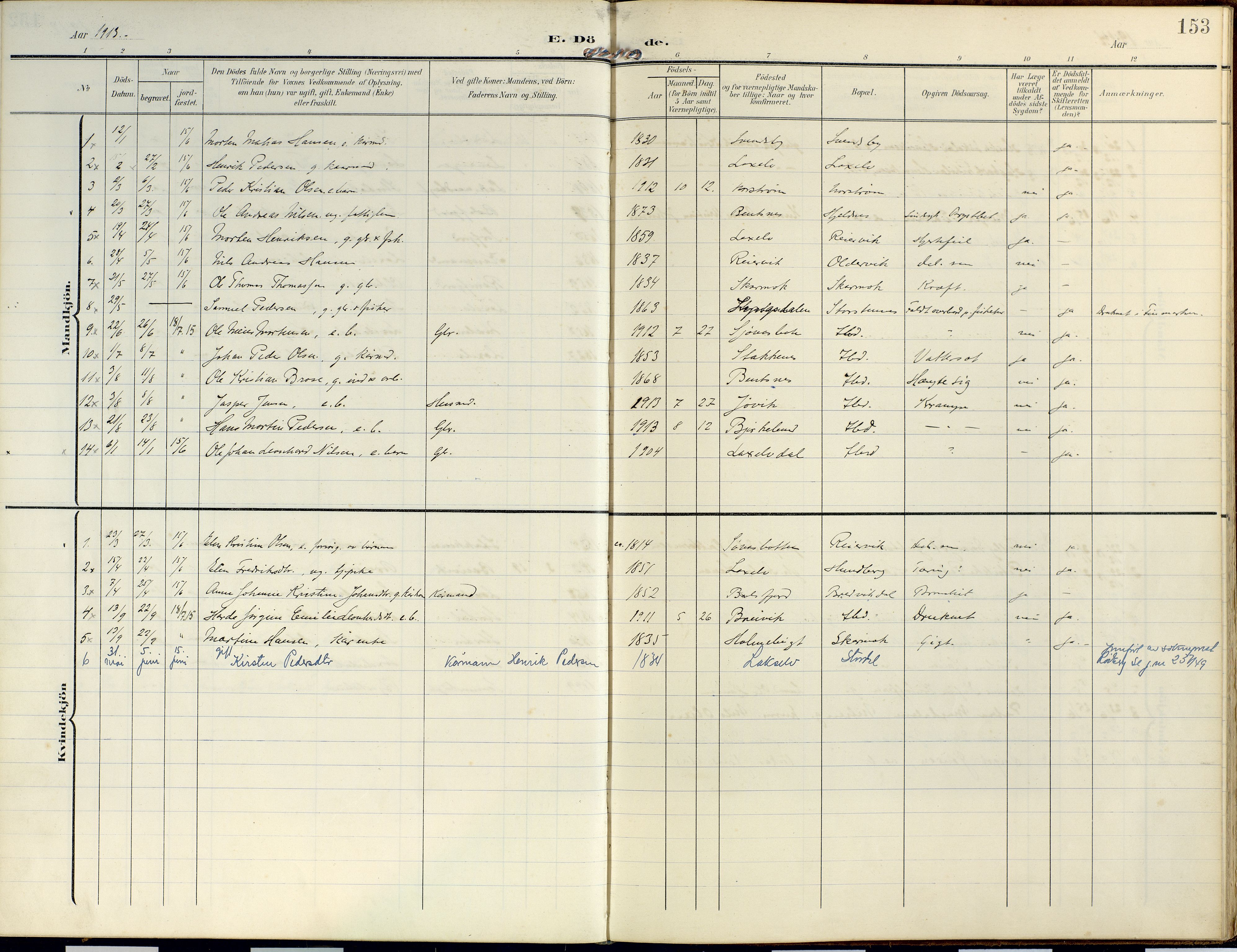 Lyngen sokneprestembete, AV/SATØ-S-1289/H/He/Hea/L0014kirke: Parish register (official) no. 14, 1905-1920, p. 153