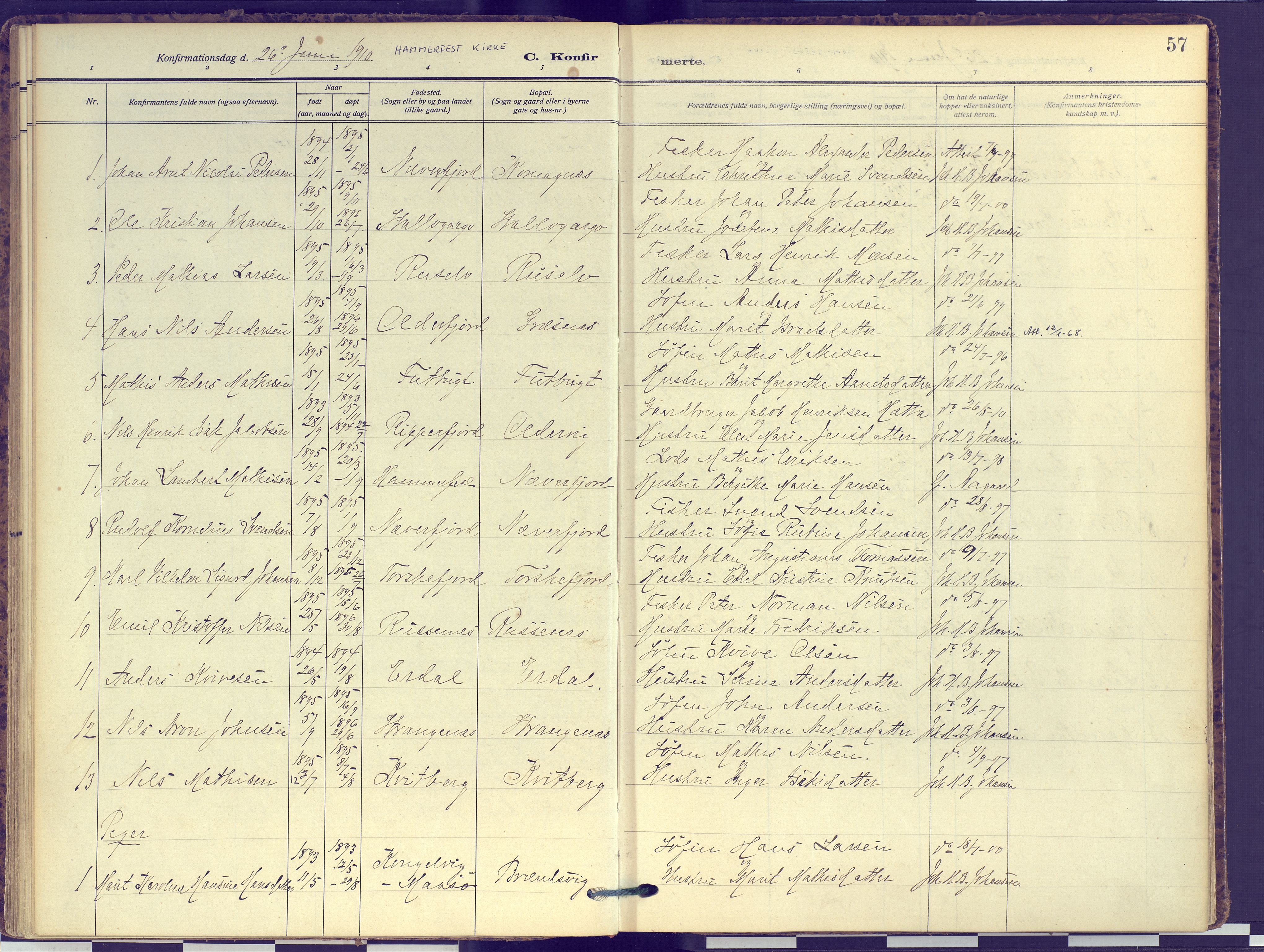 Hammerfest sokneprestkontor, SATØ/S-1347: Parish register (official) no. 16, 1908-1923, p. 57