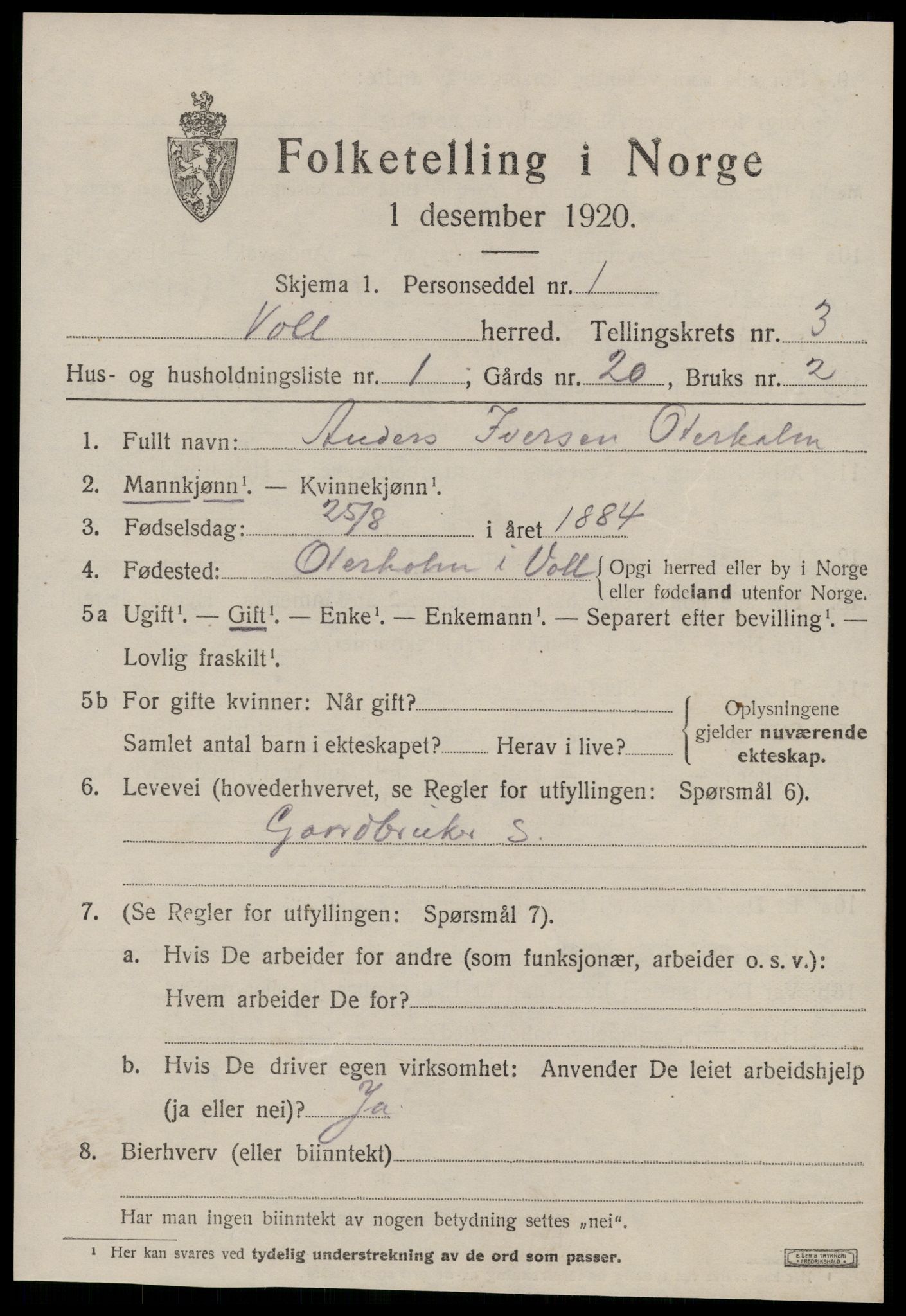 SAT, 1920 census for Voll, 1920, p. 1173