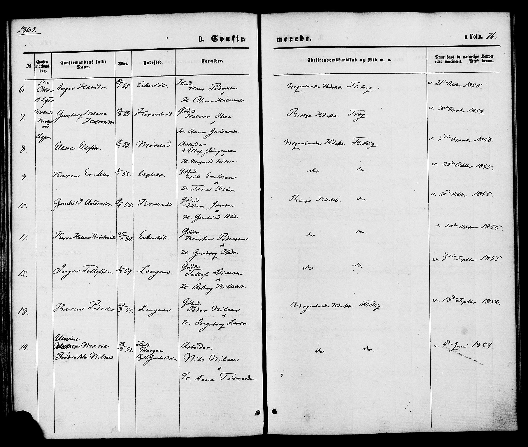 Austre Moland sokneprestkontor, SAK/1111-0001/F/Fa/Faa/L0009: Parish register (official) no. A 9, 1869-1879, p. 76
