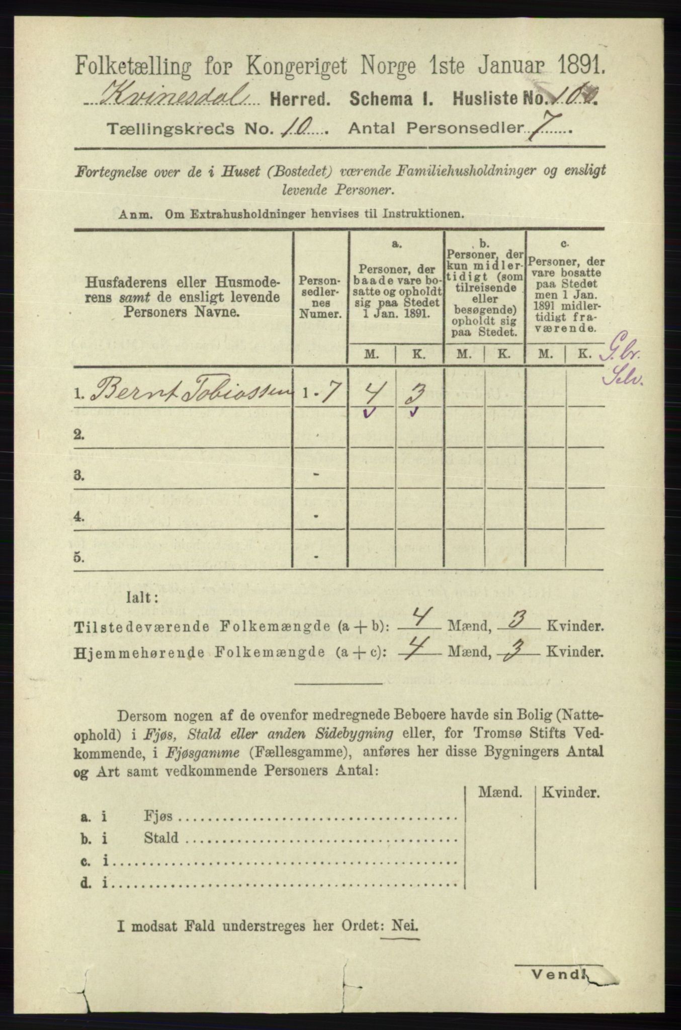 RA, 1891 census for 1037 Kvinesdal, 1891, p. 3853