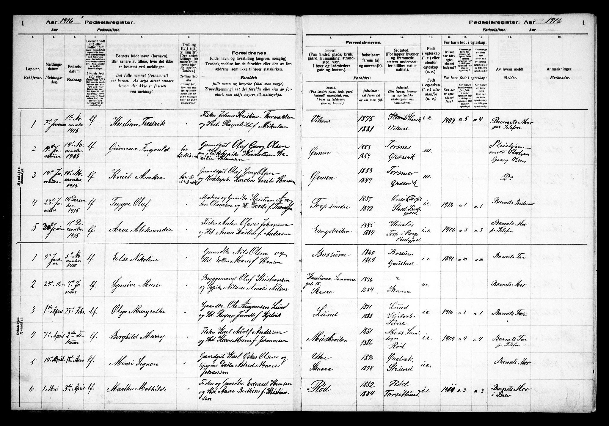 Onsøy prestekontor Kirkebøker, SAO/A-10914/J/Ja/L0001: Birth register no. I 1, 1916-1937, p. 1