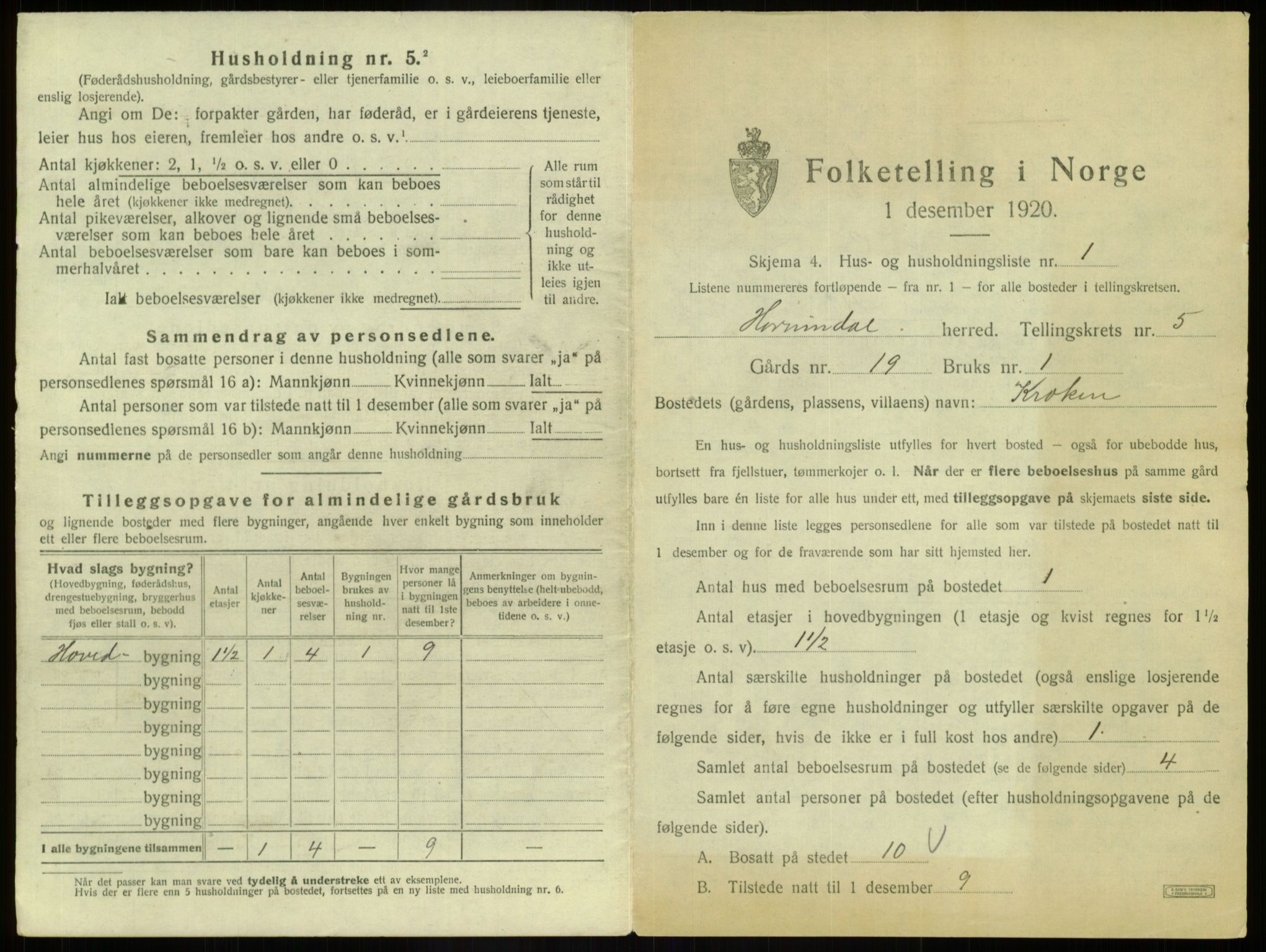 SAB, 1920 census for Hornindal, 1920, p. 307