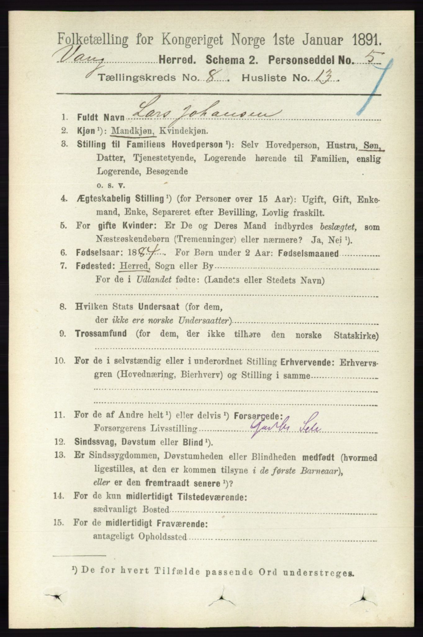 RA, 1891 census for 0414 Vang, 1891, p. 5677