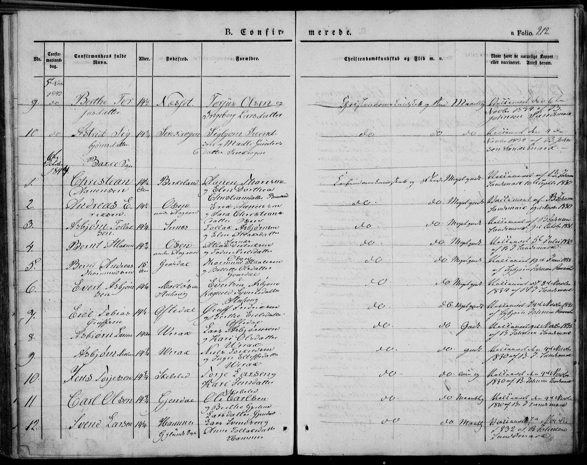 Bakke sokneprestkontor, SAK/1111-0002/F/Fa/Faa/L0004: Parish register (official) no. A 4, 1834-1846, p. 212