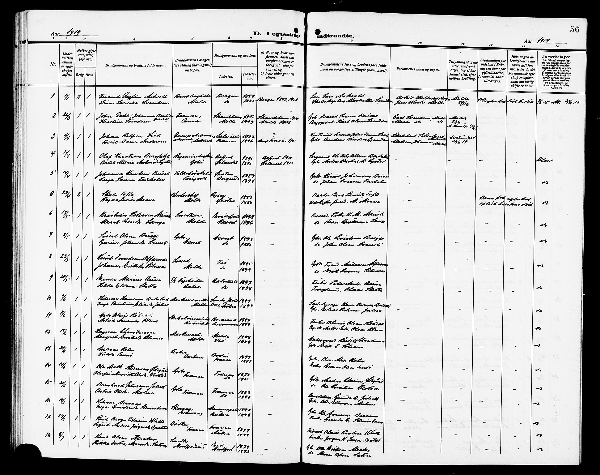 Ministerialprotokoller, klokkerbøker og fødselsregistre - Møre og Romsdal, SAT/A-1454/558/L0703: Parish register (copy) no. 558C04, 1906-1921, p. 56