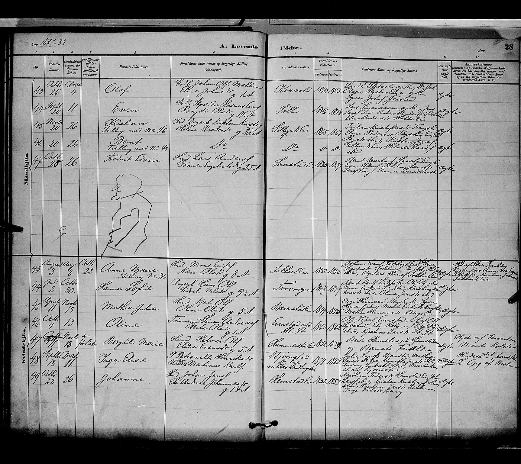 Stange prestekontor, AV/SAH-PREST-002/L/L0009: Parish register (copy) no. 9, 1883-1899, p. 28