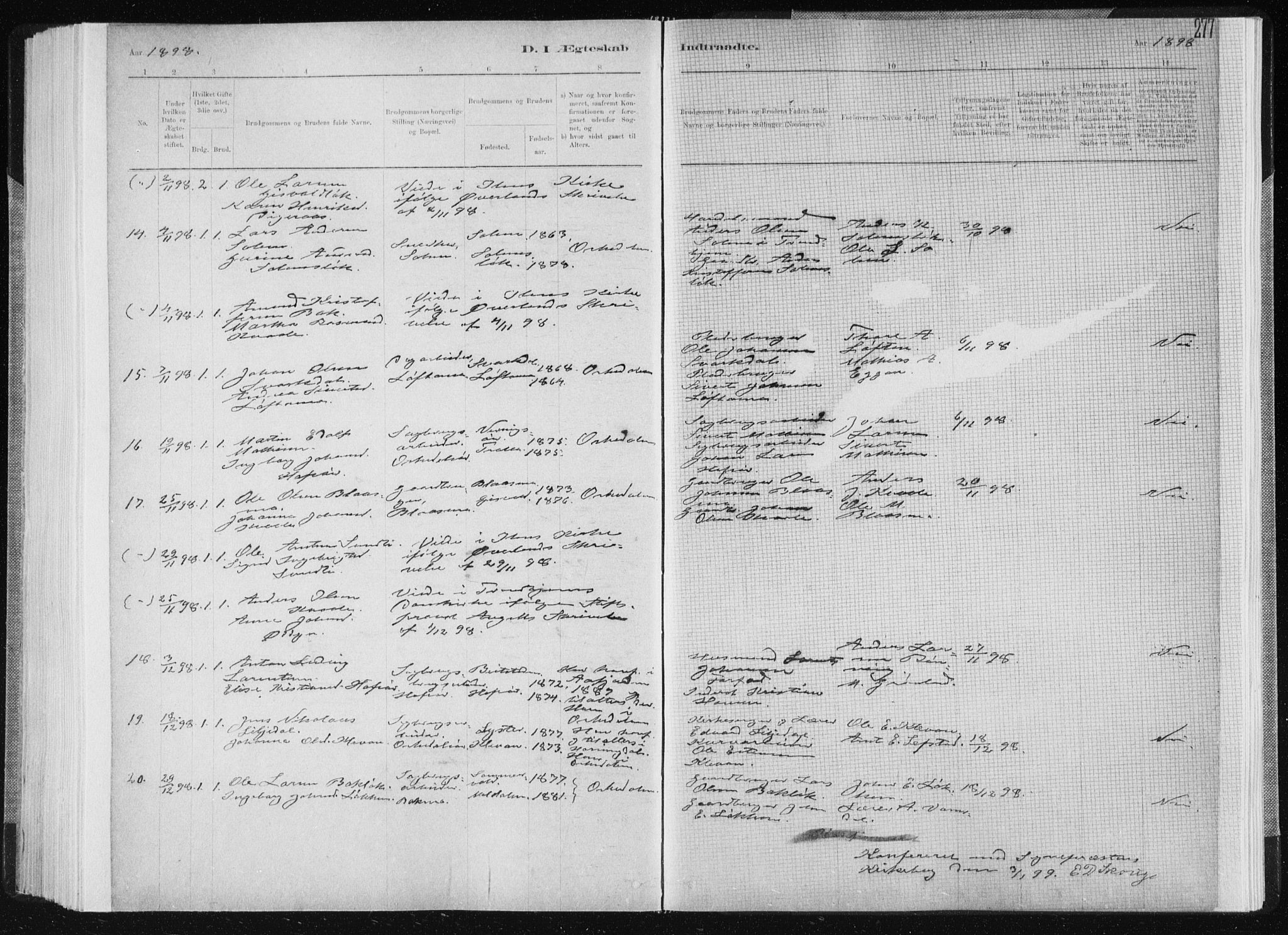 Ministerialprotokoller, klokkerbøker og fødselsregistre - Sør-Trøndelag, AV/SAT-A-1456/668/L0818: Parish register (copy) no. 668C07, 1885-1898, p. 277